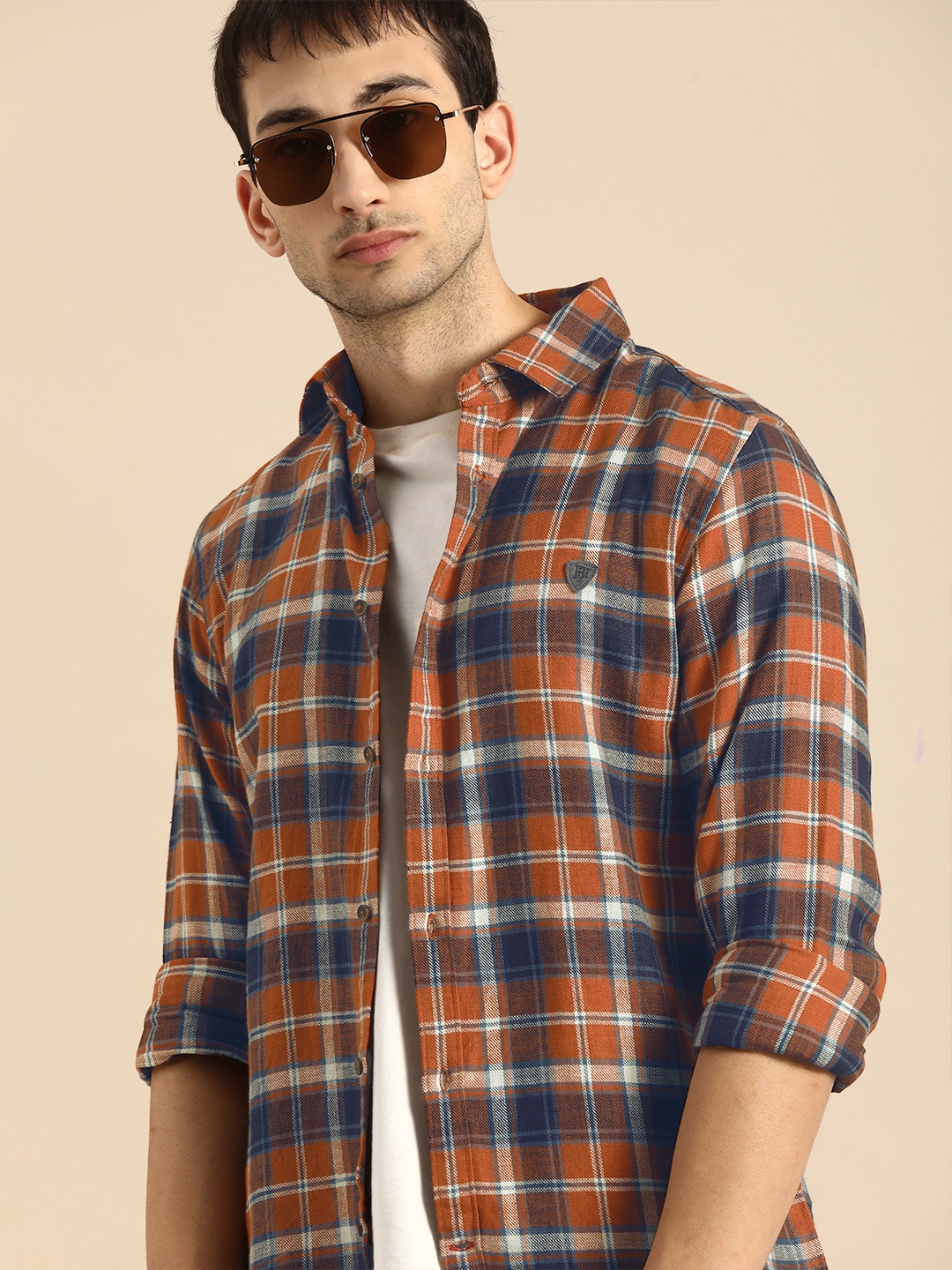 

Being Human Men Brown & Navy Blue Slim Fit Tartan Checks Opaque Checked Casual Shirt