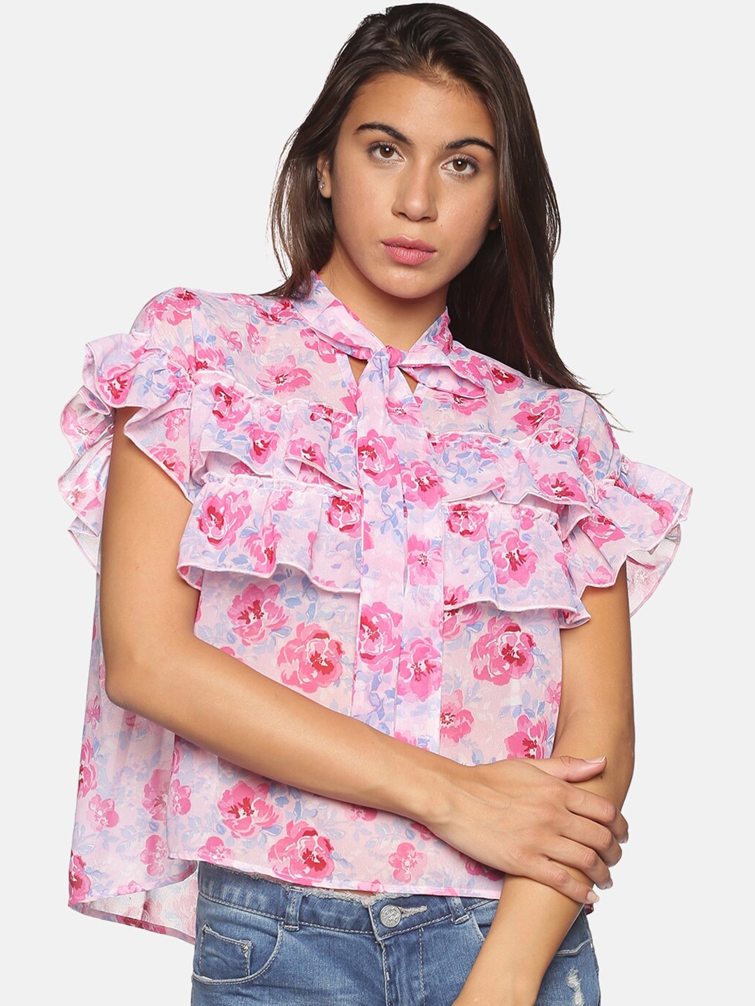 

BEVERLY BLUES Pink Floral Tie-Up Neck Flutter Sleeve Georgette Regular Top