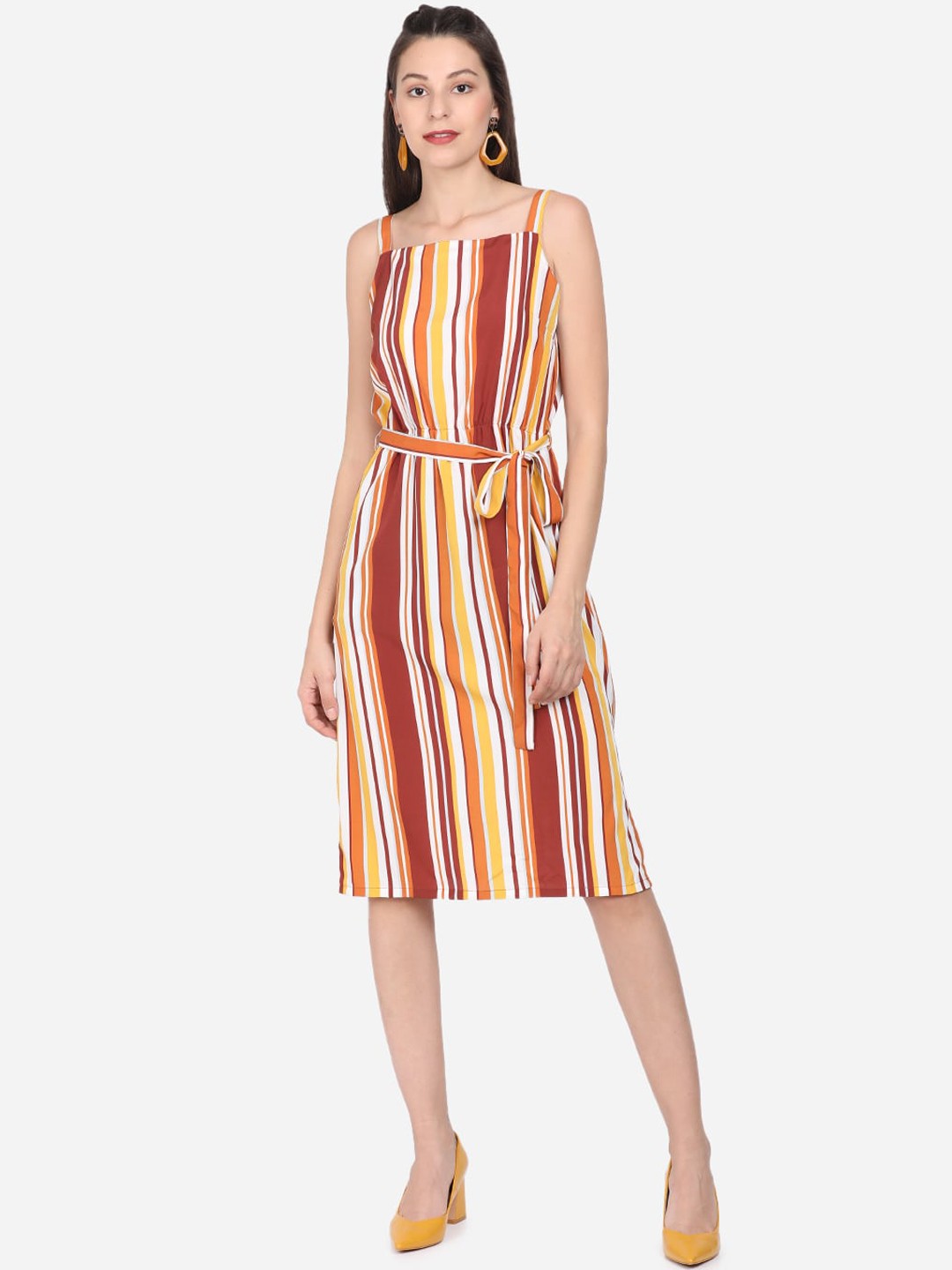 

BEVERLY BLUES Women Orange & Red Striped Crepe Dress