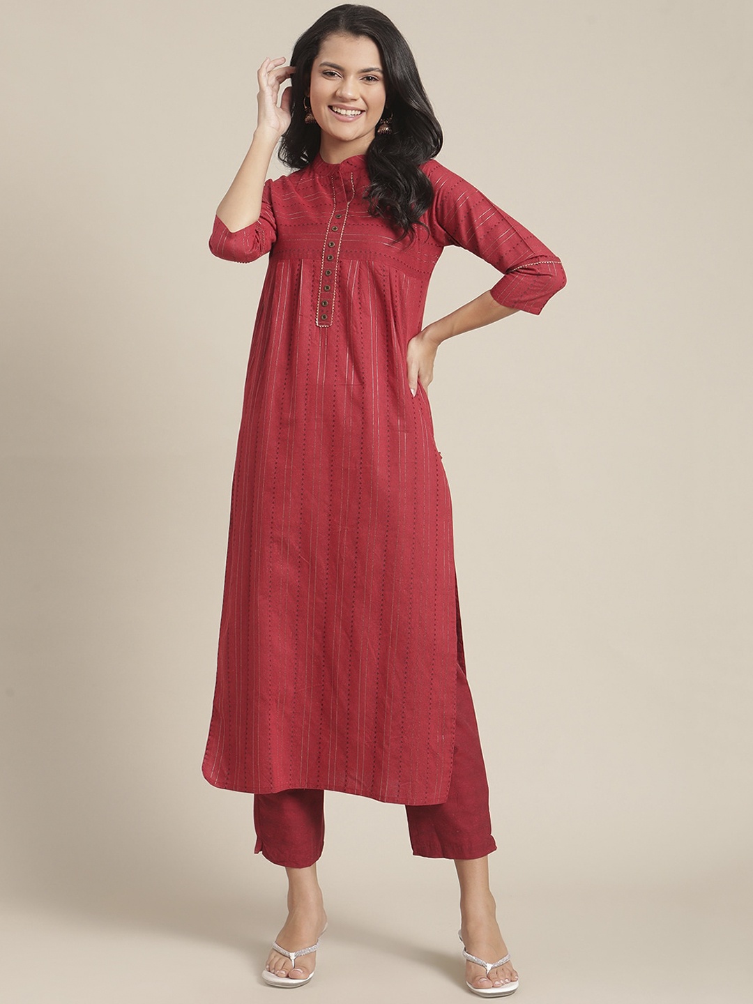

KSUT Women Red Pleated Kurta with Trousers