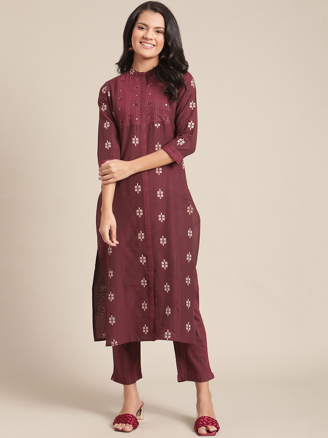 

KSUT Women Maroon Embroidered Pleated Kurti with Trousers