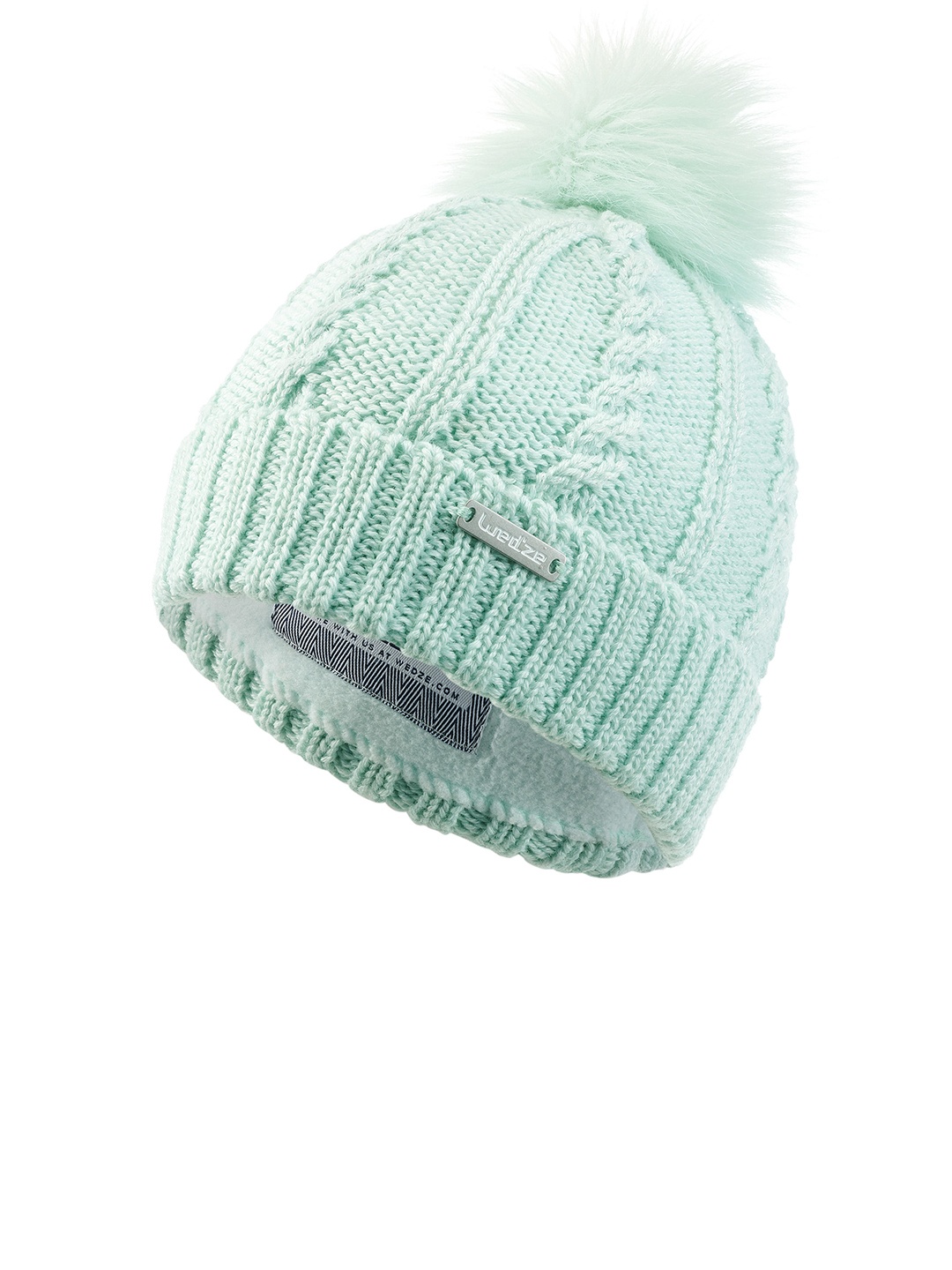

WEDZE By Decathlon Unisex Kids Green Cable-Knit Fur Wool Ski Hat Beanie