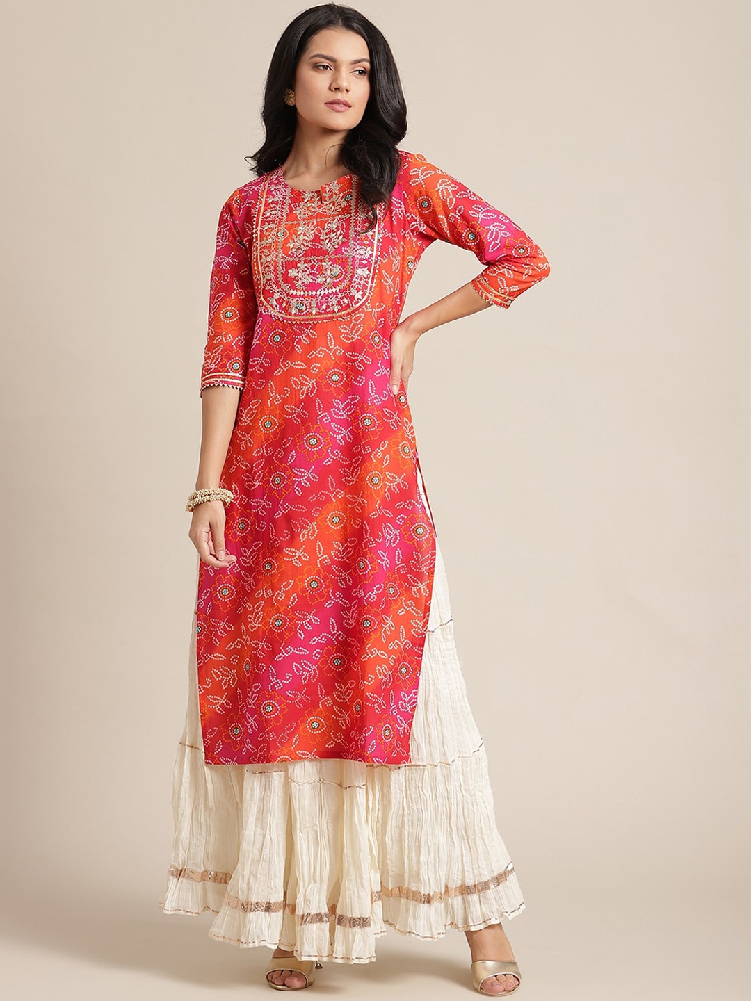 

KSUT Women Pink & Orange Ethnic Motif Printed Gotta Patti Kurta