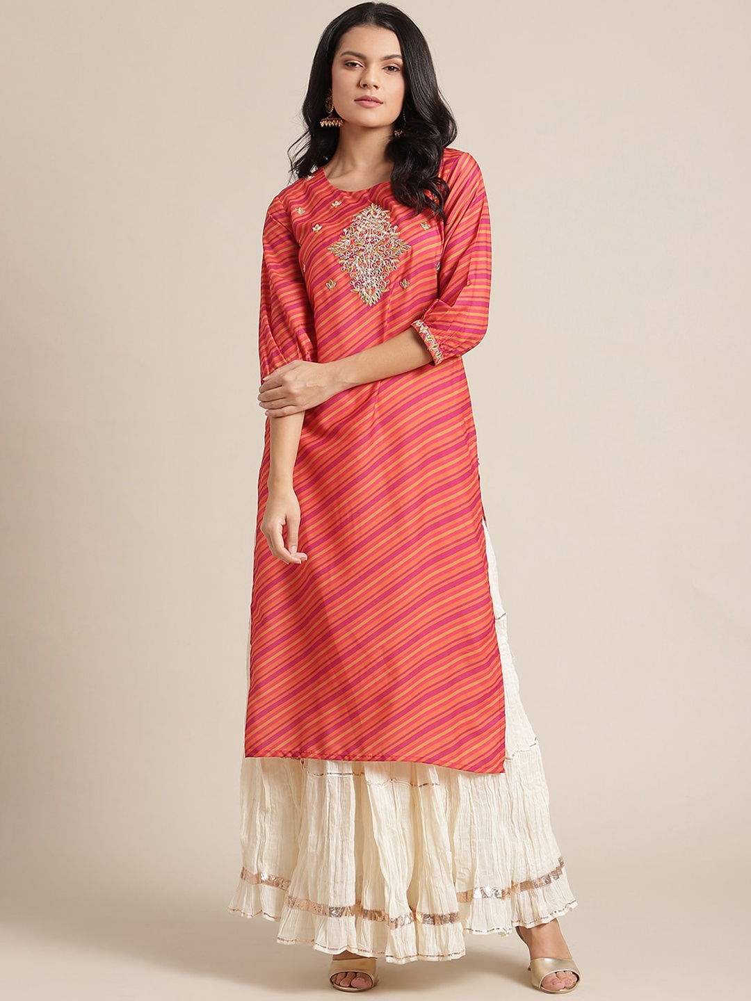 

KSUT Women Orange & Pink Aari Design Kurta