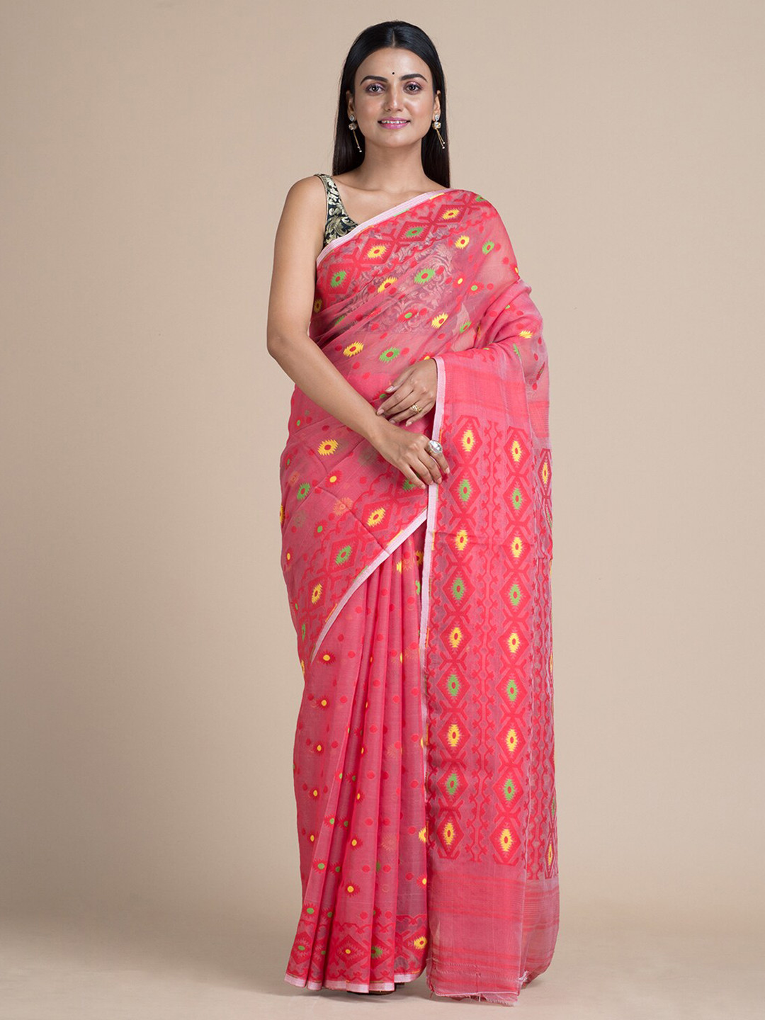 

Mitera Coral & Yellow Floral Silk Cotton Jamdani Saree