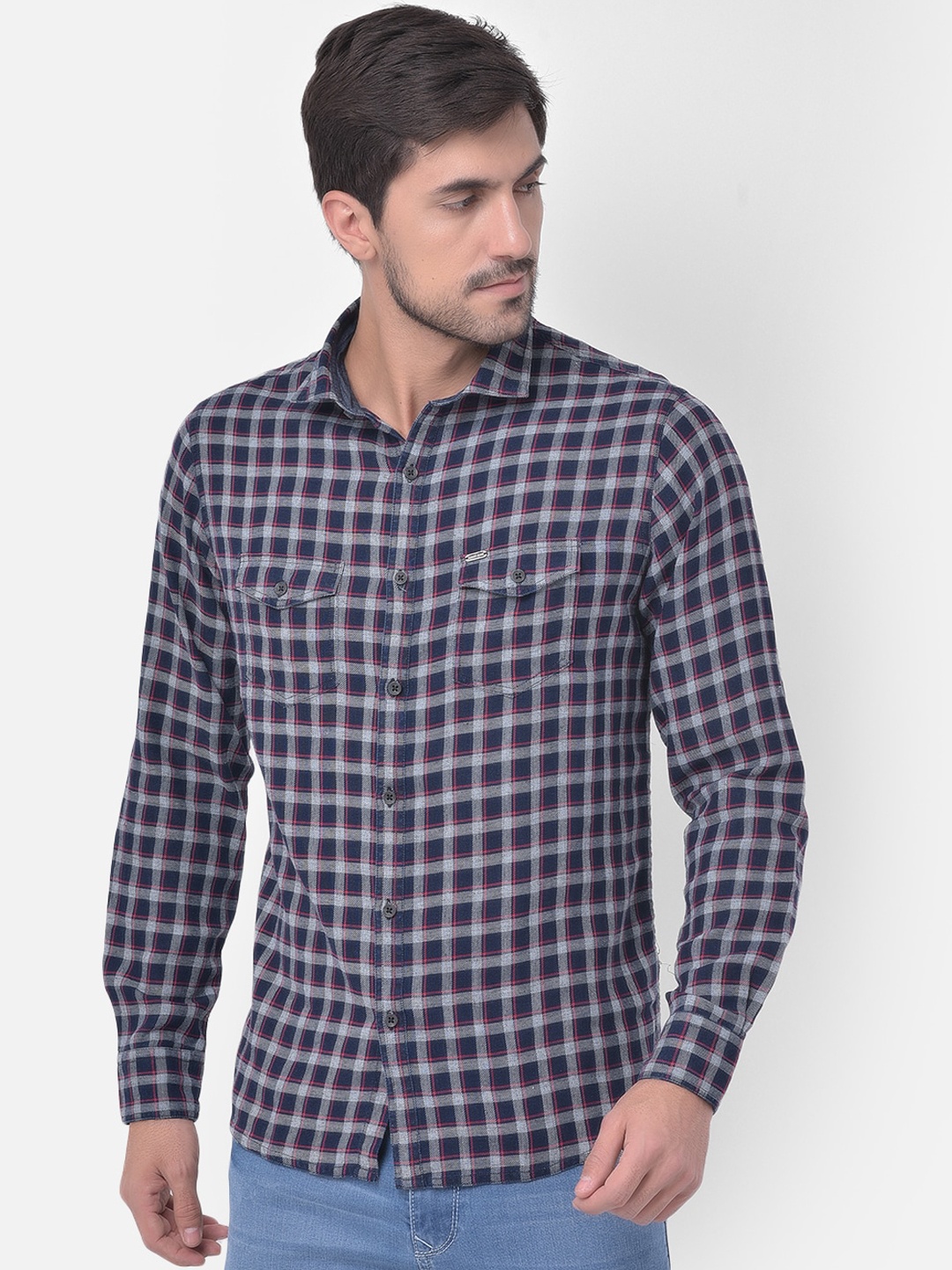 

Canary London Men Navy Blue Slim Fit Checked Casual Shirt