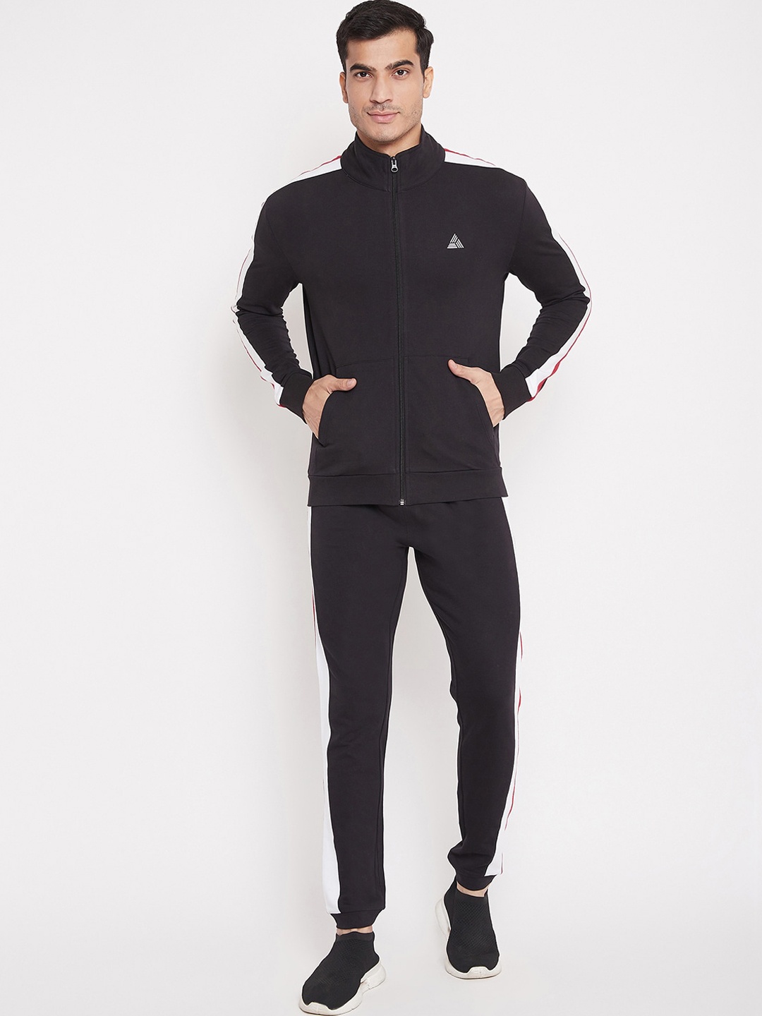 

ATHLISIS Men Black & Red Colourblocked Pure Cotton Tracksuit