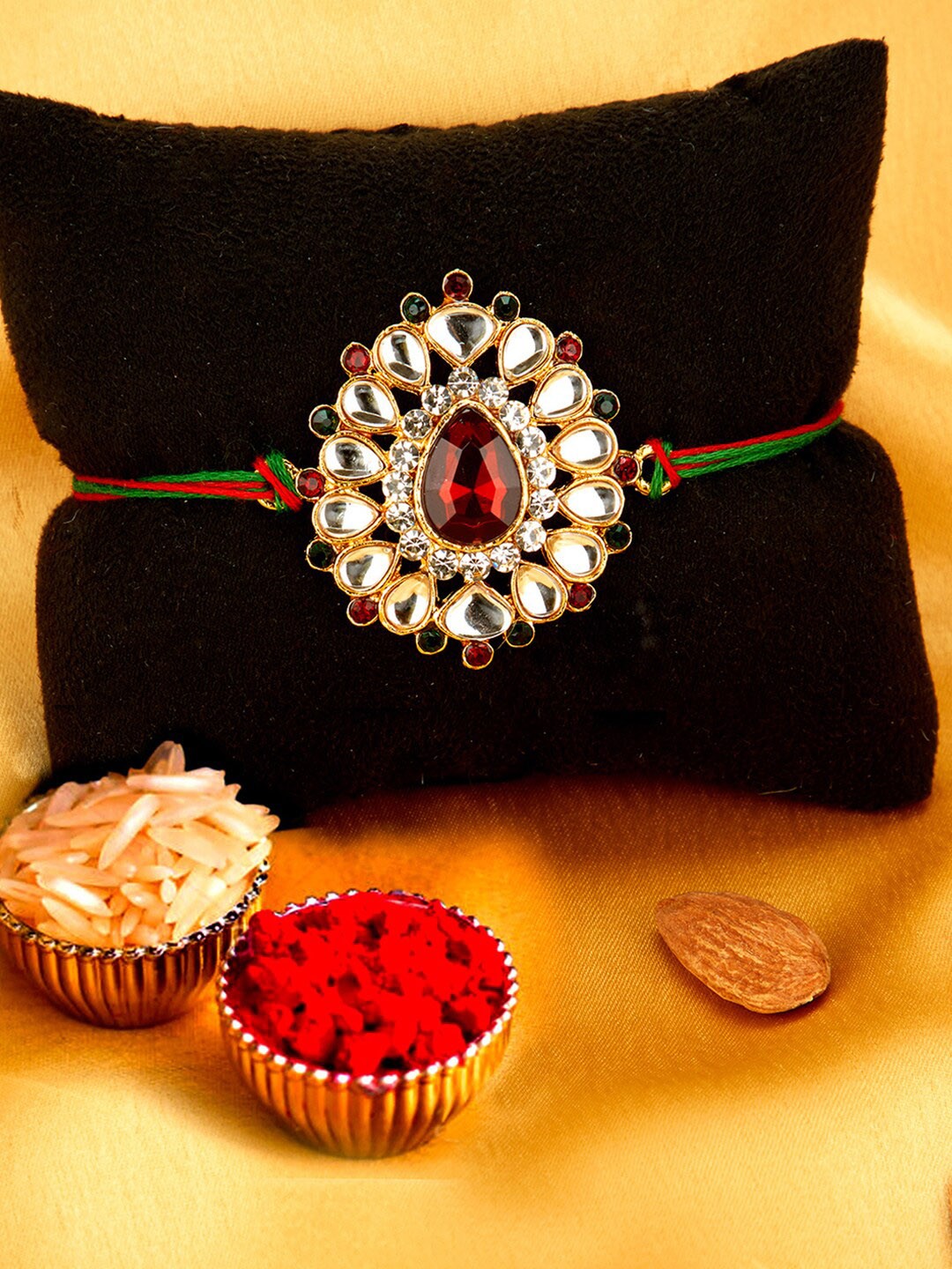 

Sukkhi Rakhi Unisex White & Red Stone-Studded Rakhi With Roli Chawal & Greeting Card, Gold