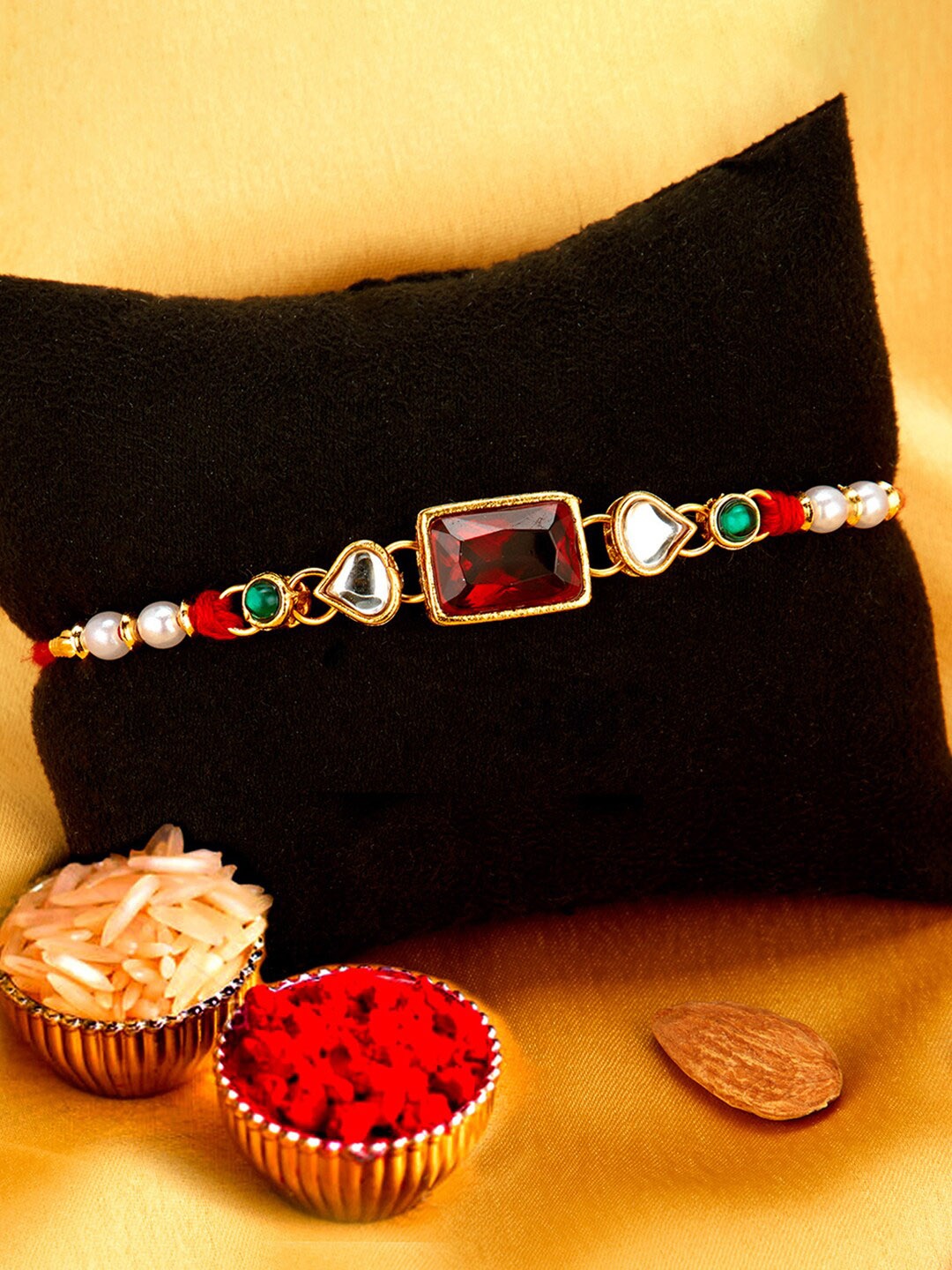 

Sukkhi Rakhi Men Gold-Plated White & Red Stone-Studded Rakhi With Roli Chawal & Greeting Card