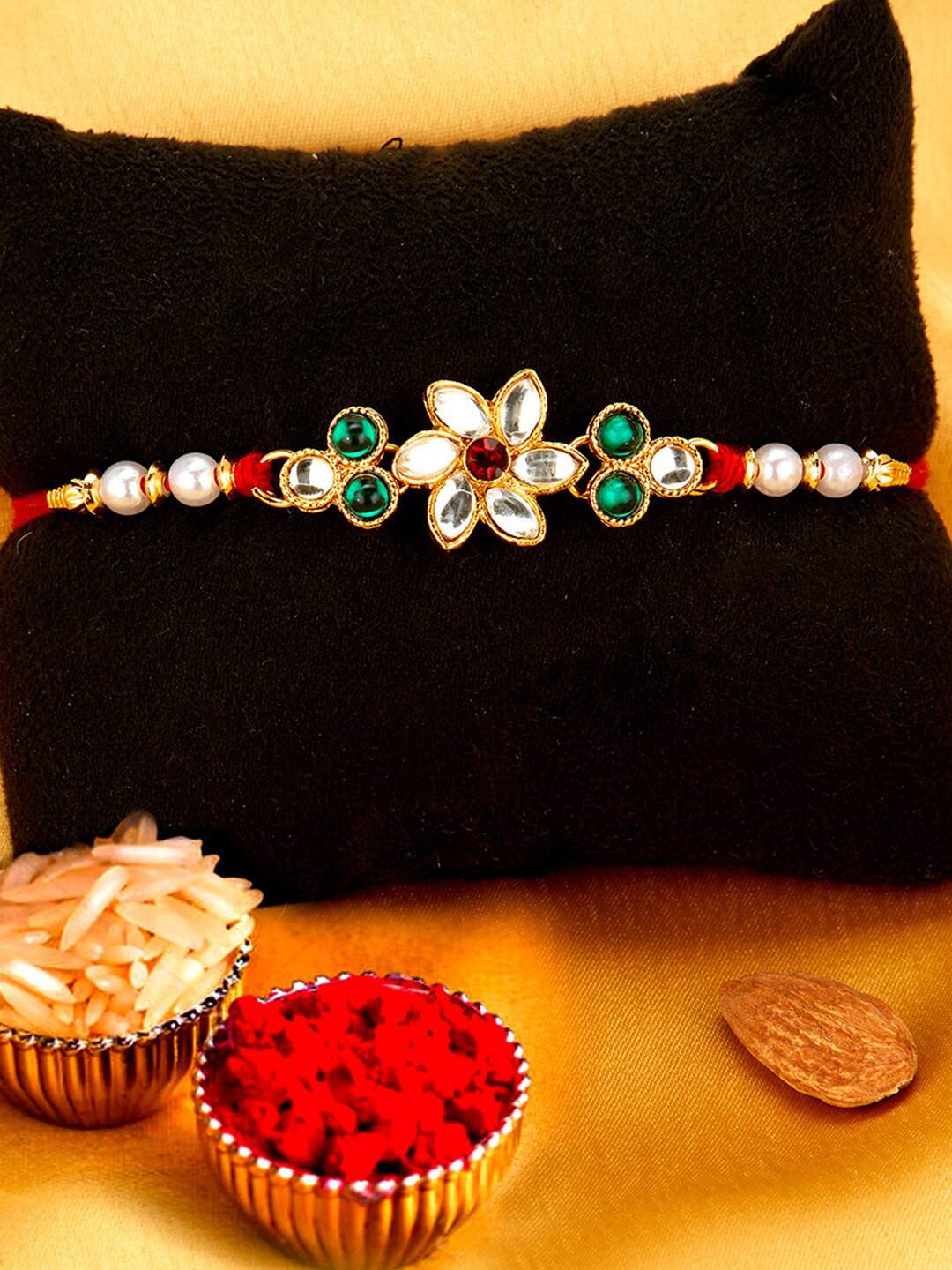 

Sukkhi Rakhi Men Gold-Plated White & Red Stone-Studded & Beaded Rakhi With Roli Chawal & Greeting Card