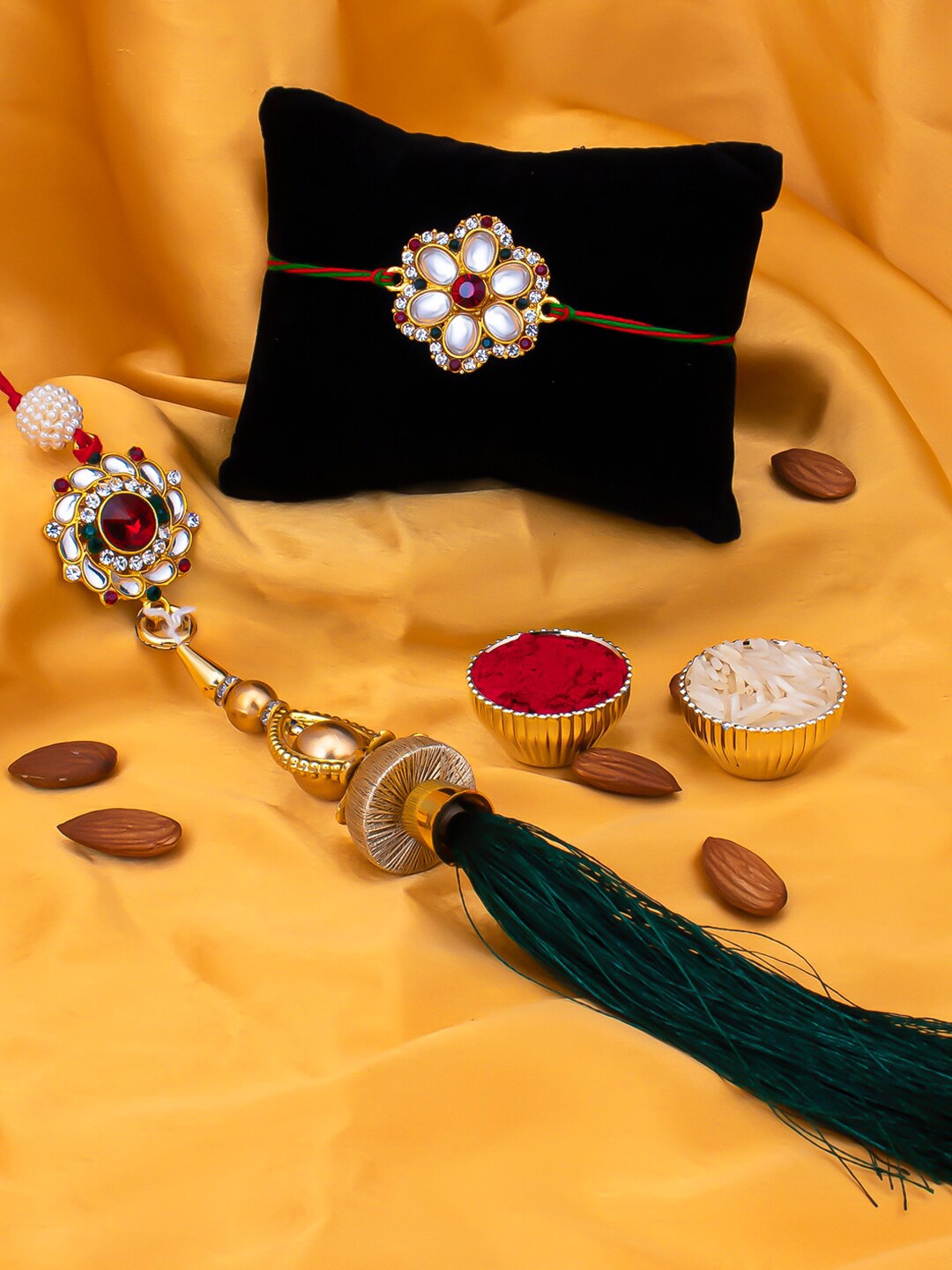 

Sukkhi Rakhi Unisex Red & White Stone-Studded Rakhi Lumba Set With Roli Chawal & Greeting Card, Gold