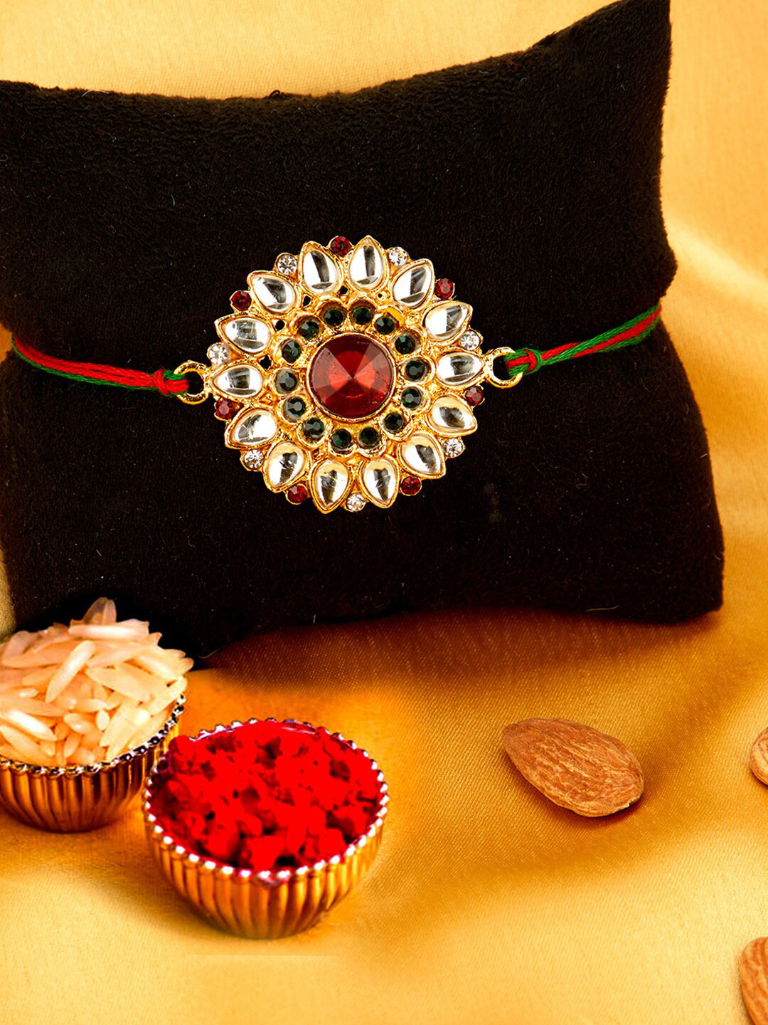

Sukkhi Rakhi Men Gold-Plated White & Red Stone-Studded Rakhi With Roli Chawal & Greeting Card