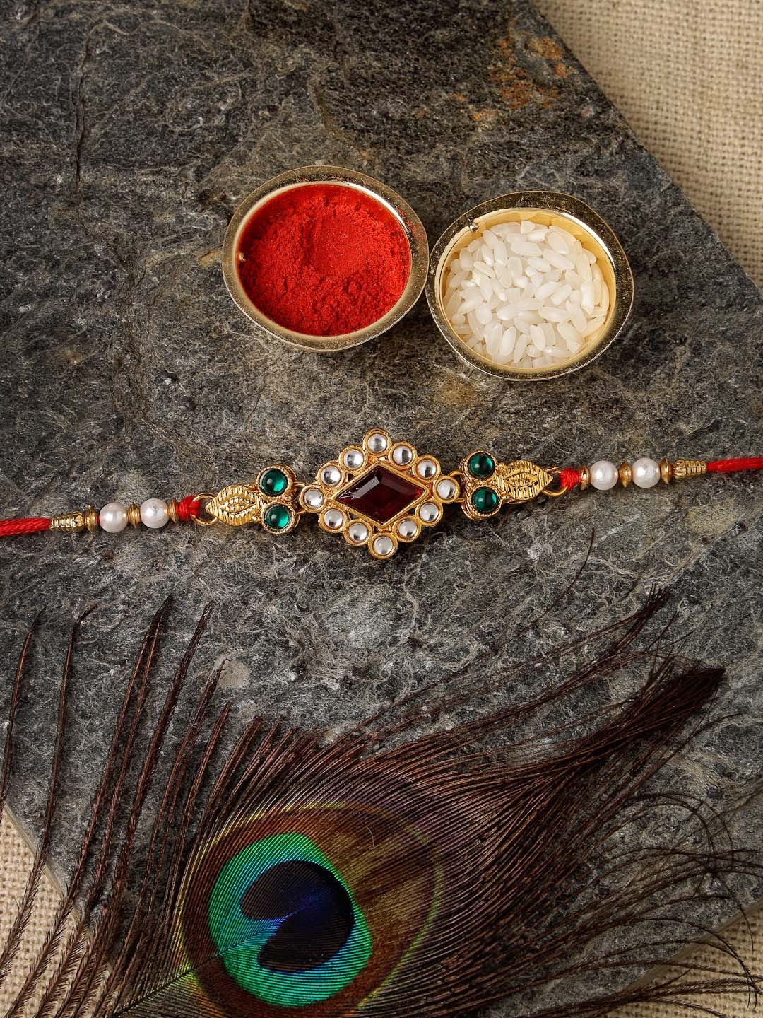 

Sukkhi Rakhi Men Gold-Plated White & Red Stone-Studded Rakhi With Roli Chawal & Greeting Card