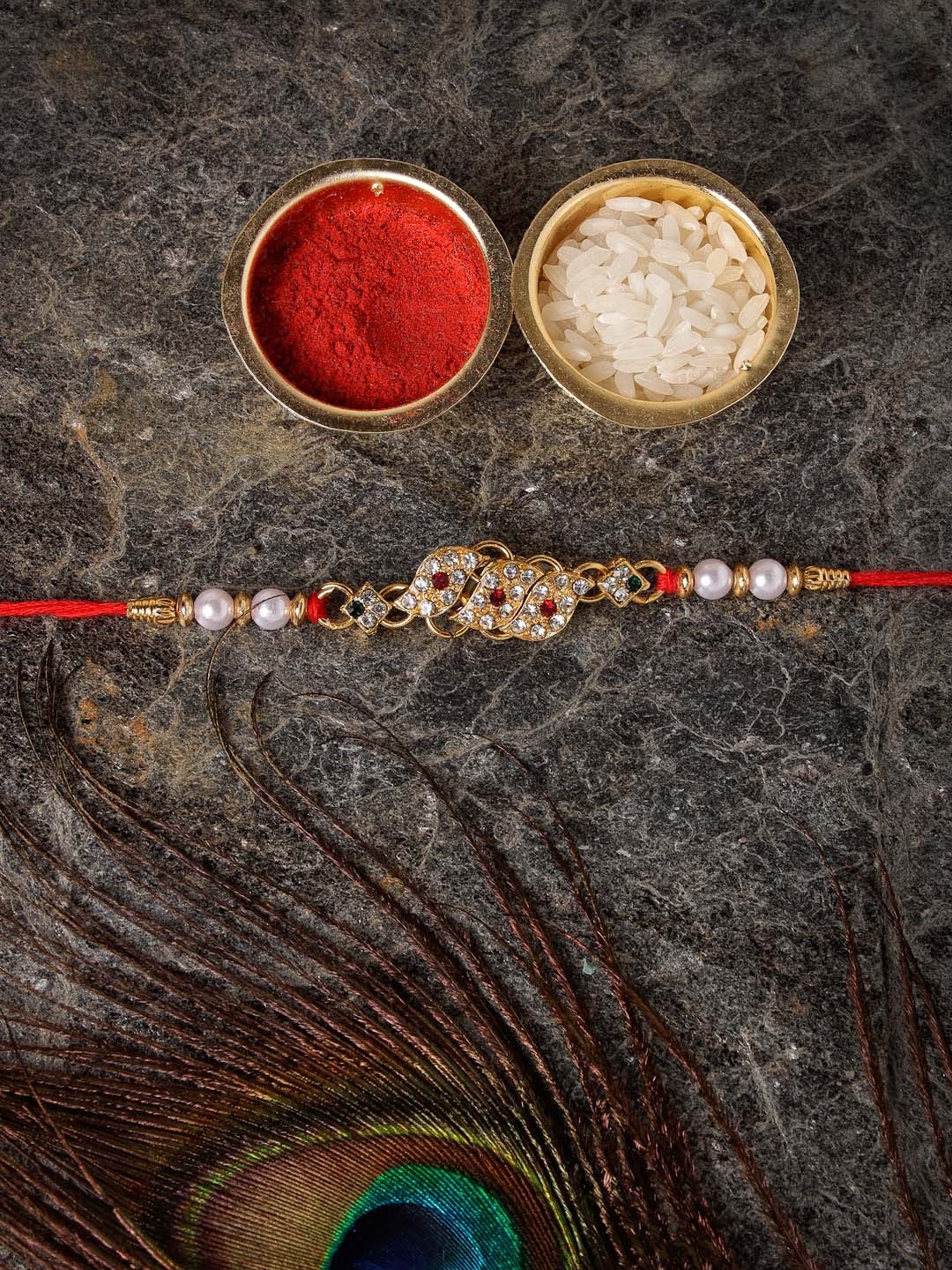 

Sukkhi Rakhi Men Gold-Plated White & Red Stone-Studded & White Beaded Rakhi With Roli Chawal & Greeting Card