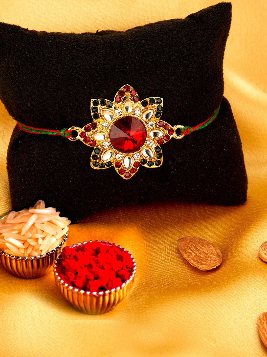 

Sukkhi Rakhi Men Gold-Plated White & Red Stone-Studded Rakhi With Roli Chawal & Greeting Card
