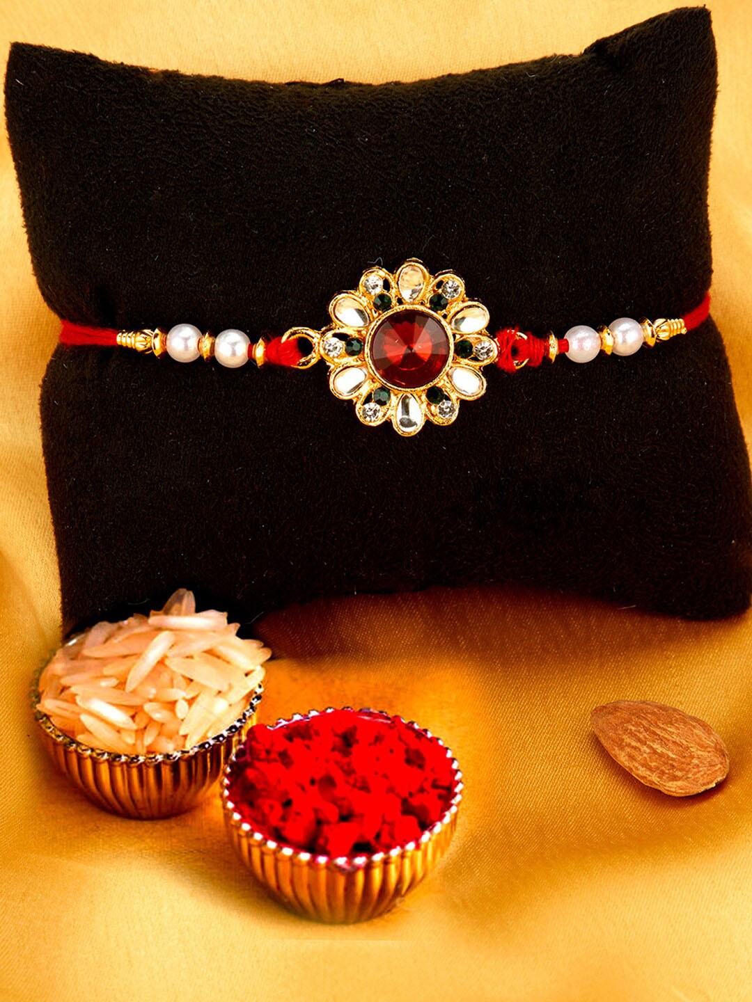 

Sukkhi Rakhi Men Gold-Plated White & Red Stone-Studded & White Beaded Rakhi With Roli Chawal & Greeting Card