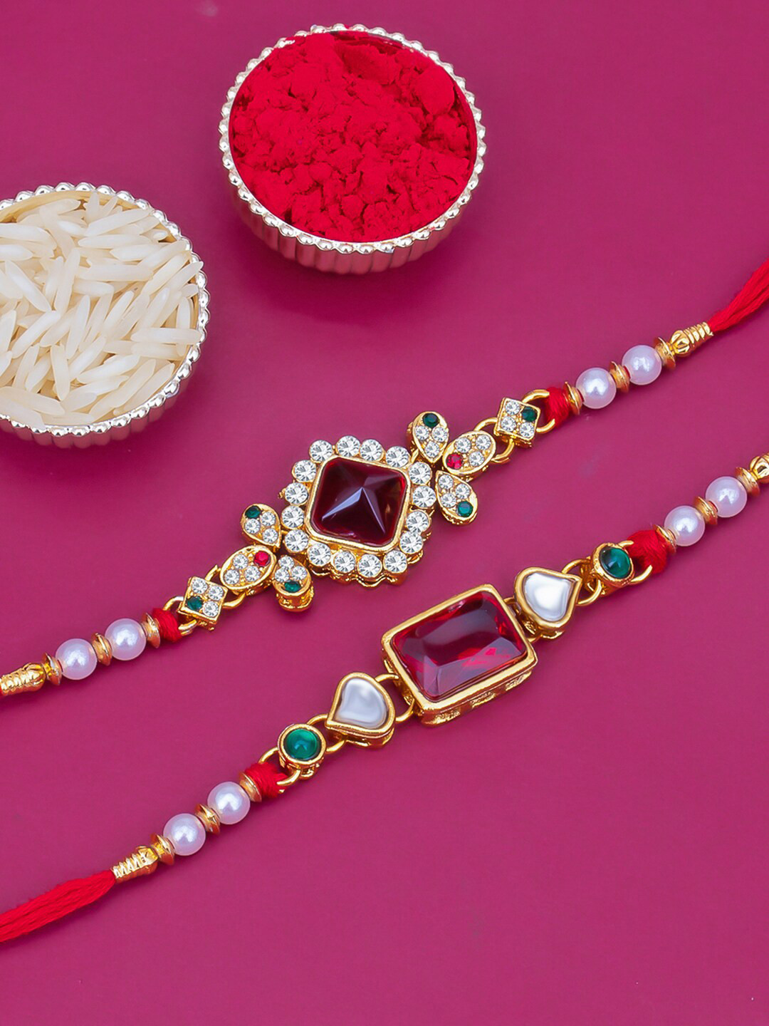 

Sukkhi Rakhi Men Set Of 2 Gold-Plated Red & White Stone-Studded Rakhi With Roli Chawal & Greeting Card