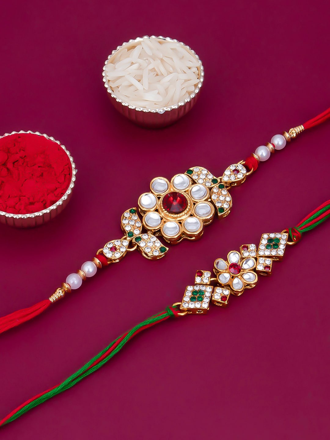 

Sukkhi Rakhi Unisex Set Of 2 Stone-Studded & Beaded Rakhi With Roli Chawal & Greeting Card, Gold