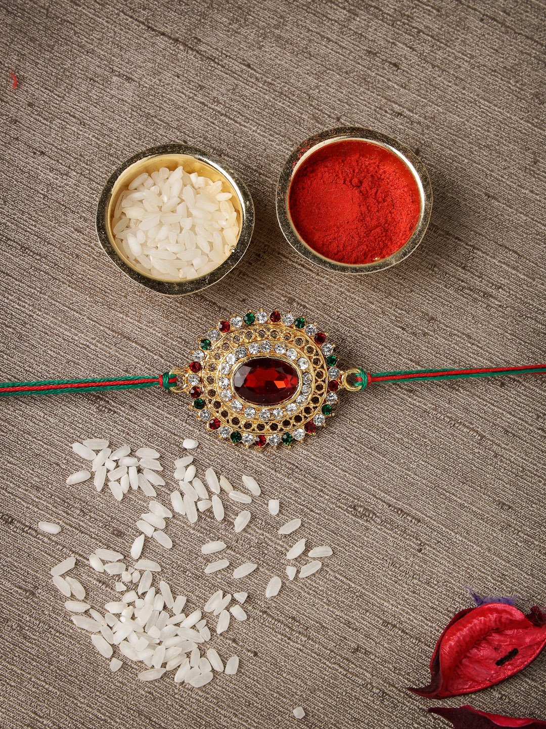 

Sukkhi Rakhi Men Gold-Plated White & Red Stone-Studded Rakhi With Roli Chawal & Greeting Card