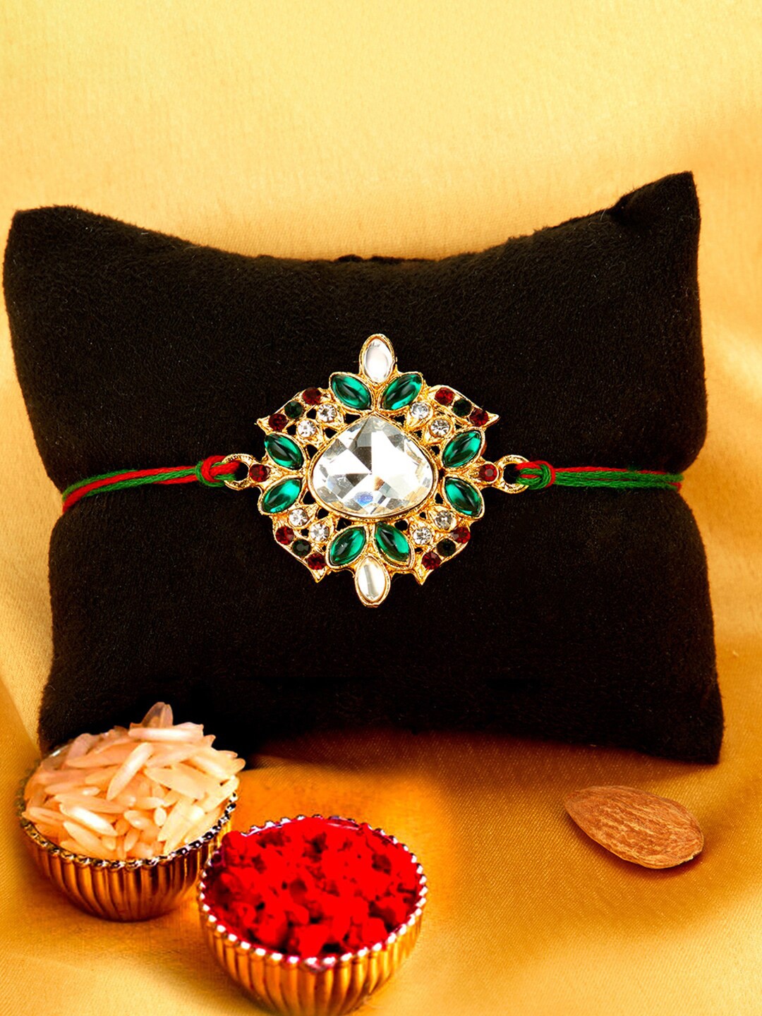 

Sukkhi Rakhi Men Gold-Plated White & Green Stone-Studded & Beaded Rakhi With Roli Chawal & Greeting Card