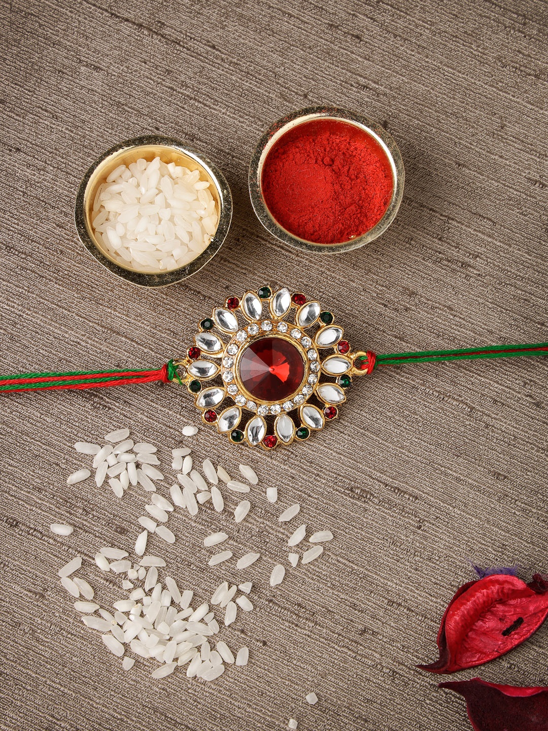 

Sukkhi Rakhi Men Gold-Plated White & Red Stone-Studded Rakhi With Roli Chawal & Greeting Card