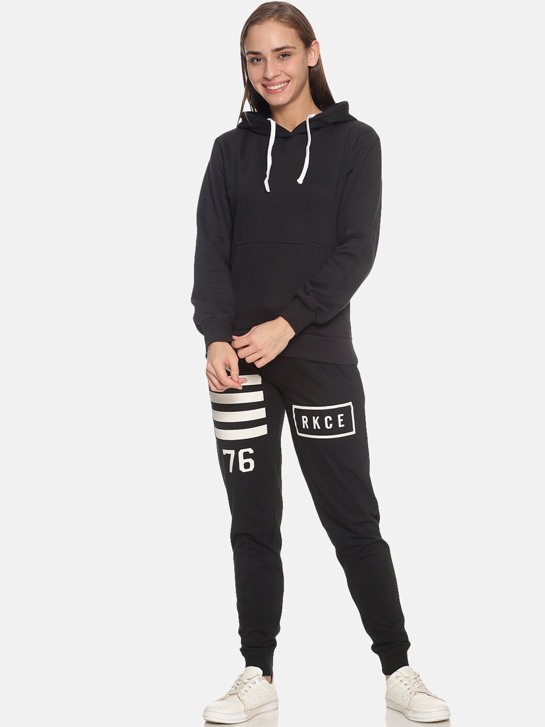

Campus Sutra Women Black & White Solid Cotton Tracksuit