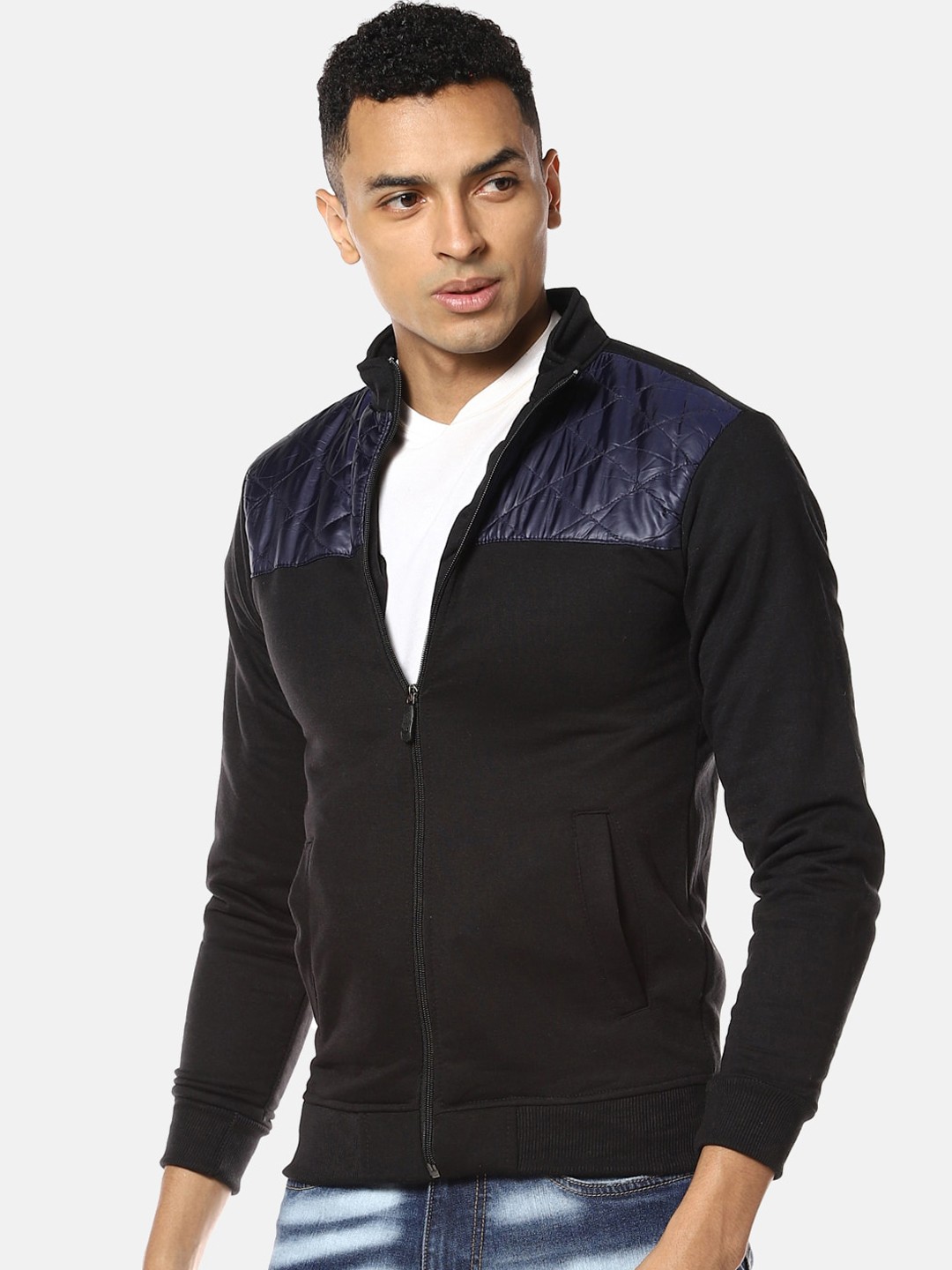 

Campus Sutra Men Black Blue Windcheater Outdoor Jacket with Patchwork