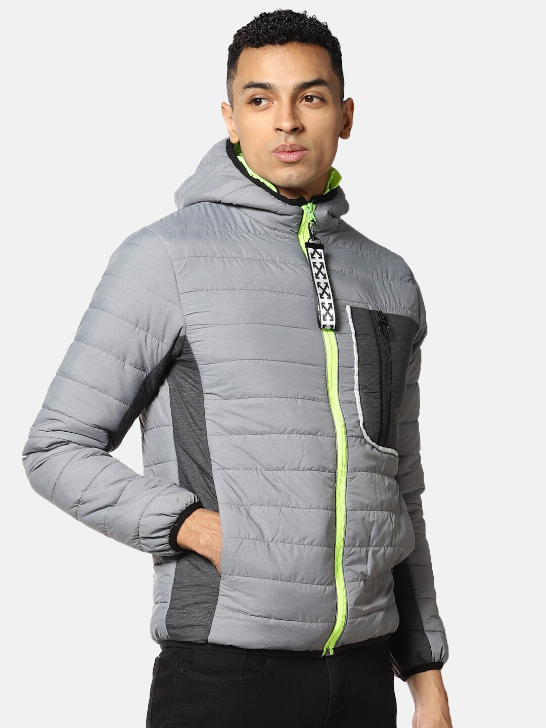 

Campus Sutra Men Grey & Fluorescent Green Windcheater Puffer Jacket