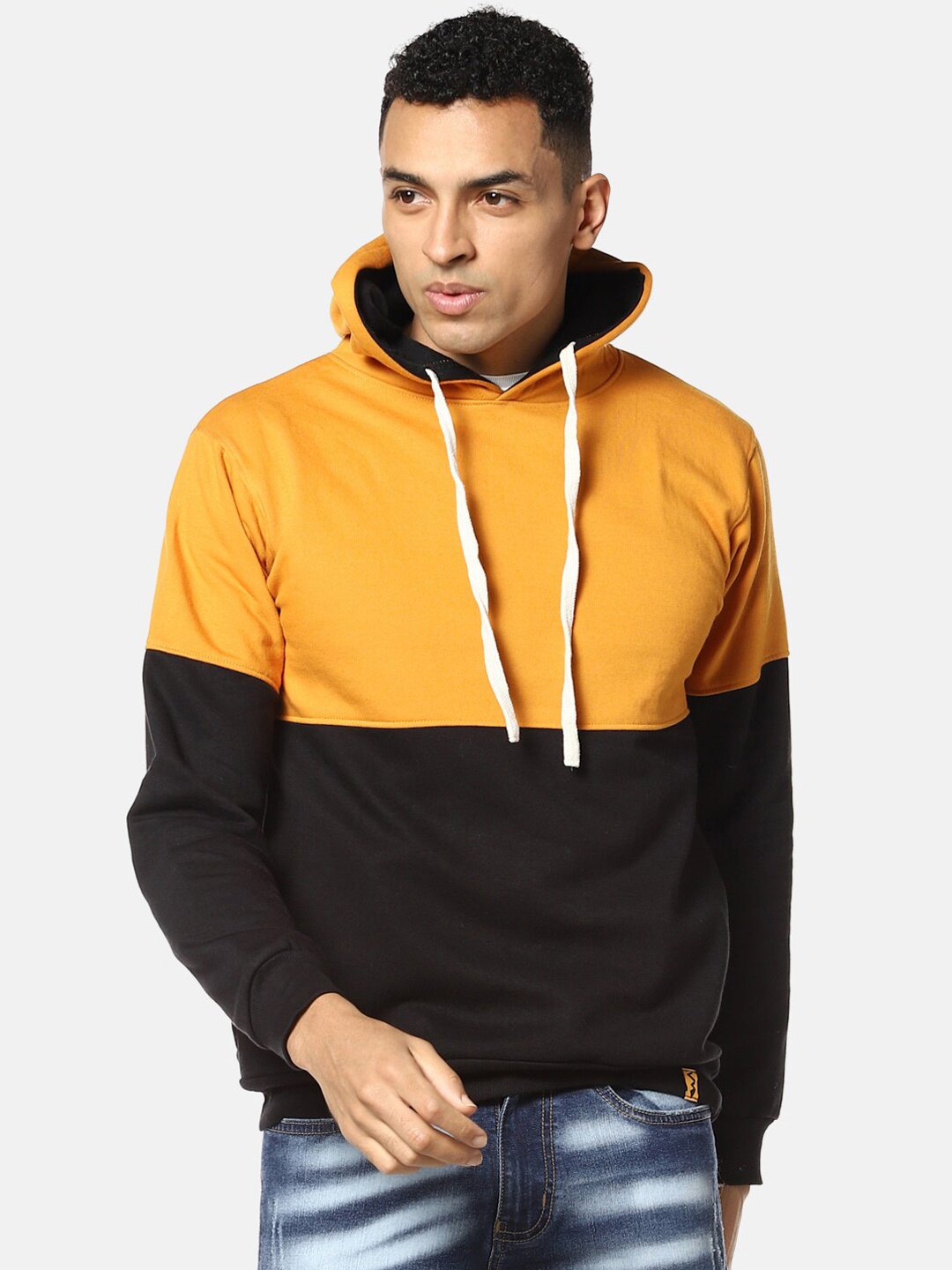 

Campus Sutra Men Mustard Colourblocked Hooded Sweatshirt