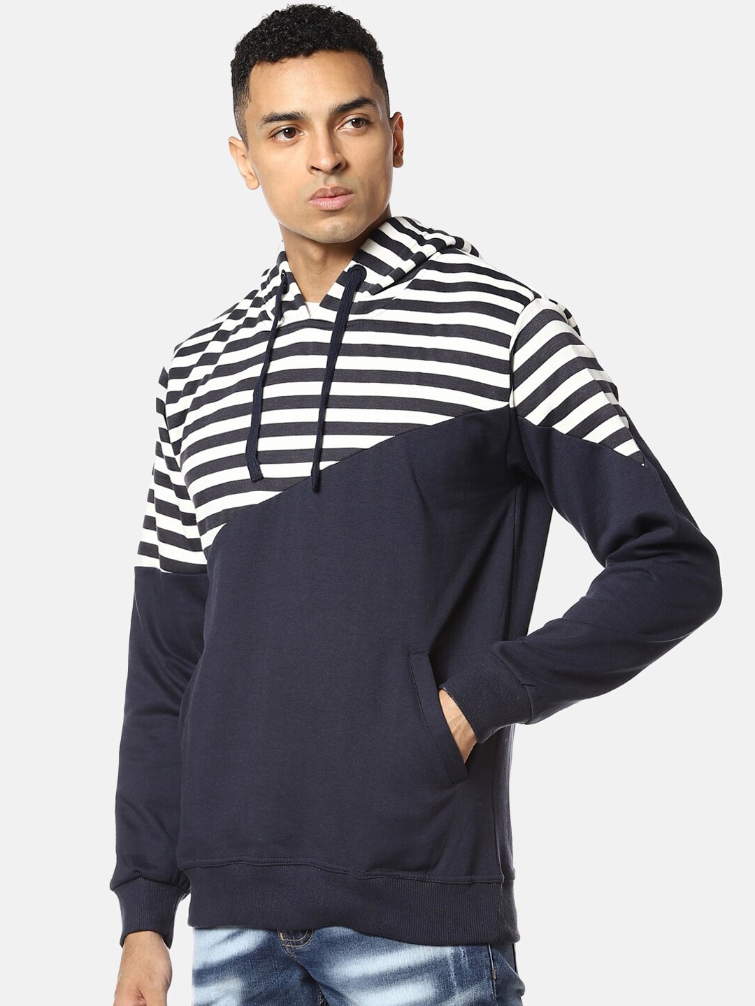 

Campus Sutra Men White & Blue Striped Hooded Sweatshirt