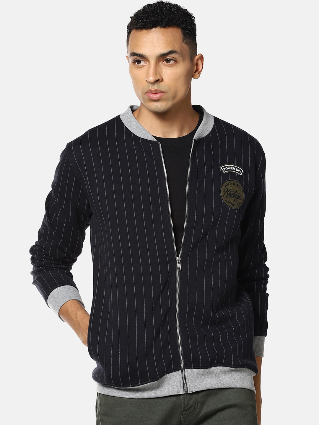 

Campus Sutra Men Blue & Grey Striped Windcheater Bomber with Patchwork Jacket