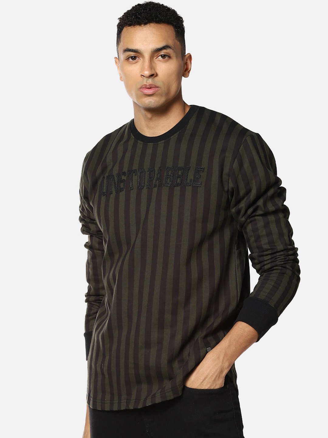 

Campus Sutra Men Olive Green & Black Striped Sweatshirt