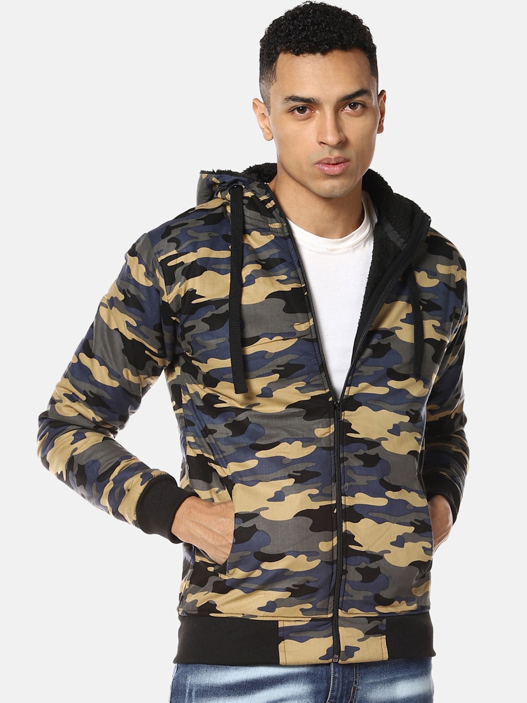 

Campus Sutra Men Black & Beige Camouflage Windcheater Bomber Jacket