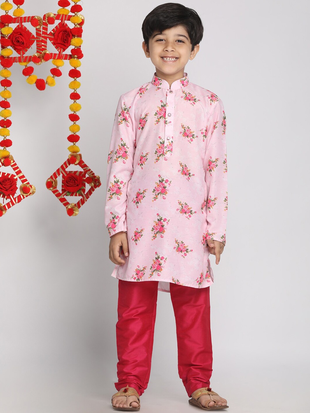 

VASTRAMAY Boys Pink Floral Printed Kurti with Pyjamas