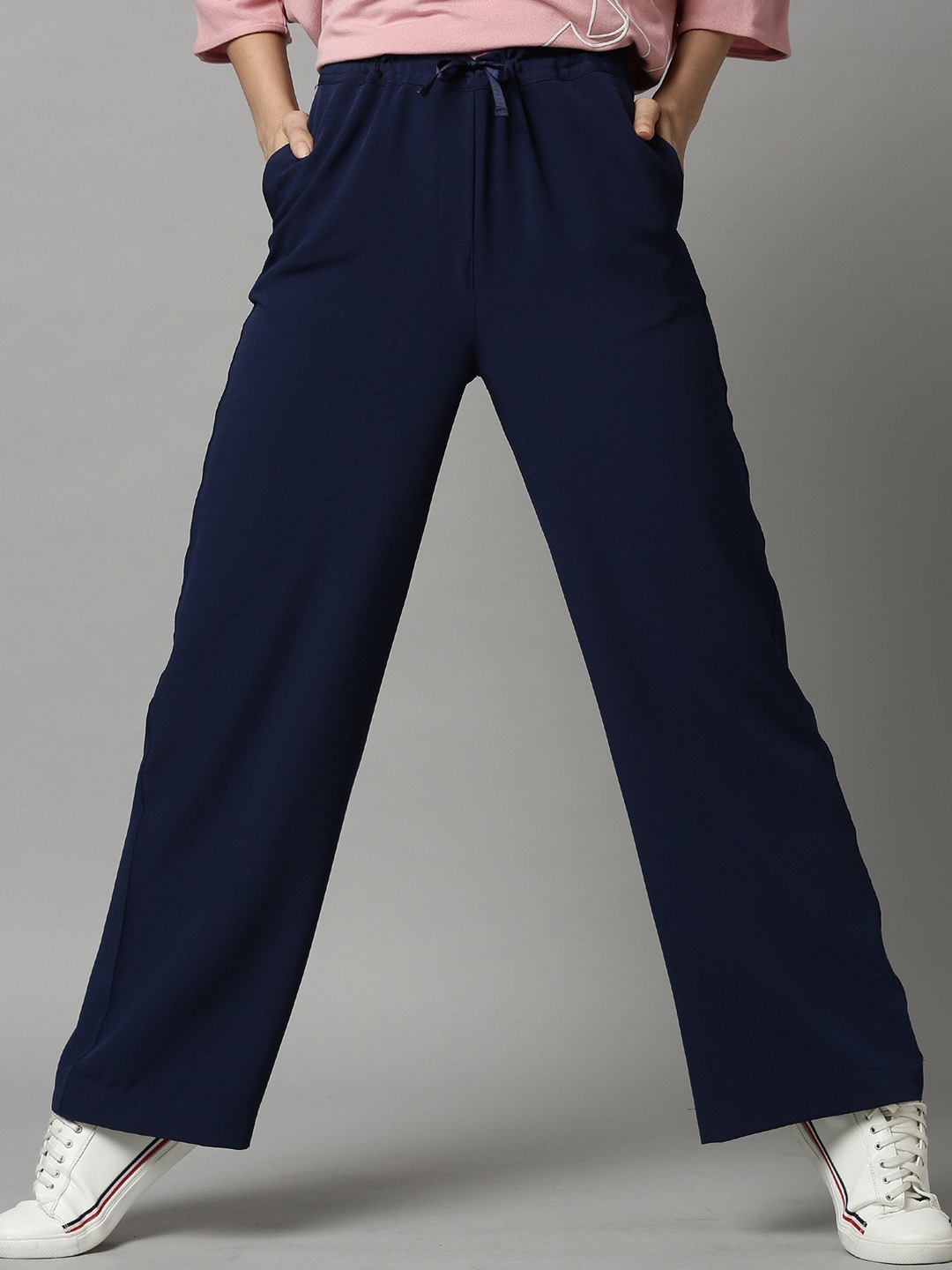 

RAREISM Women Navy Blue Straight Fit Parallel Trousers