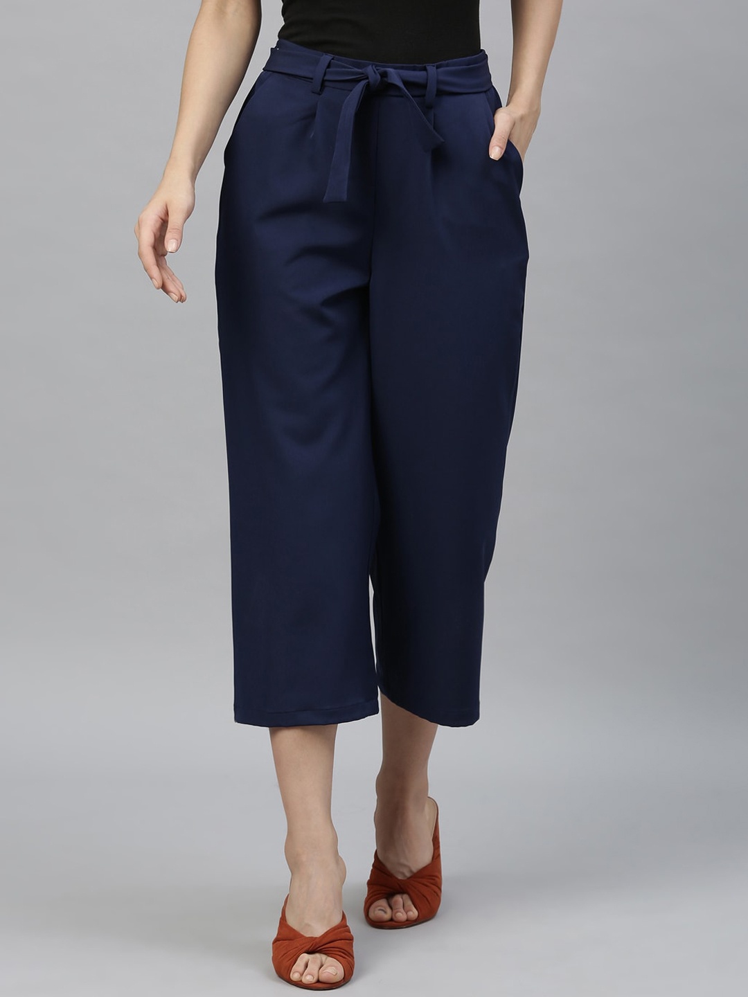 

RAREISM Women Navy Blue Straight Fit Pleated Culottes