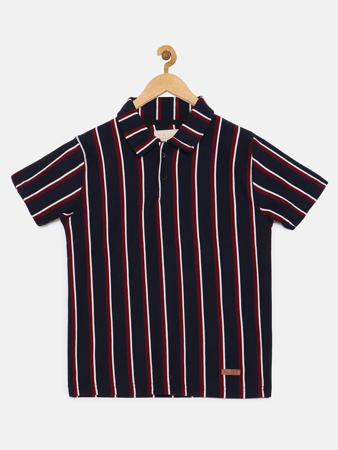 

Instafab Boys Navy Blue & White Striped Polo Collar T-shirt