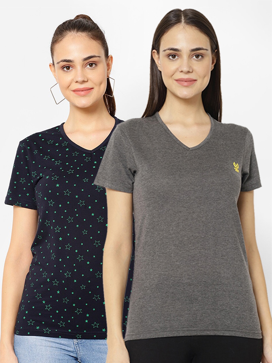 

MACK JONNEY Pack-2 Women Grey & Navy Blue V-Neck T-shirt