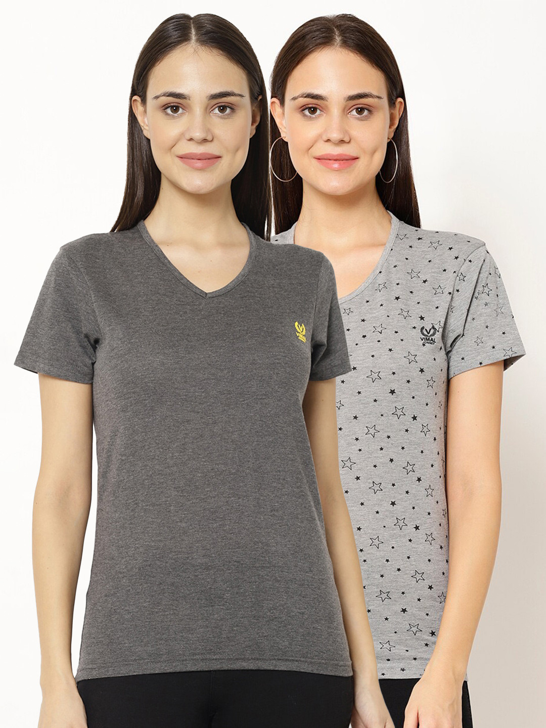 

MACK JONNEY Pack-2 Women Grey V-Neck T-shirt