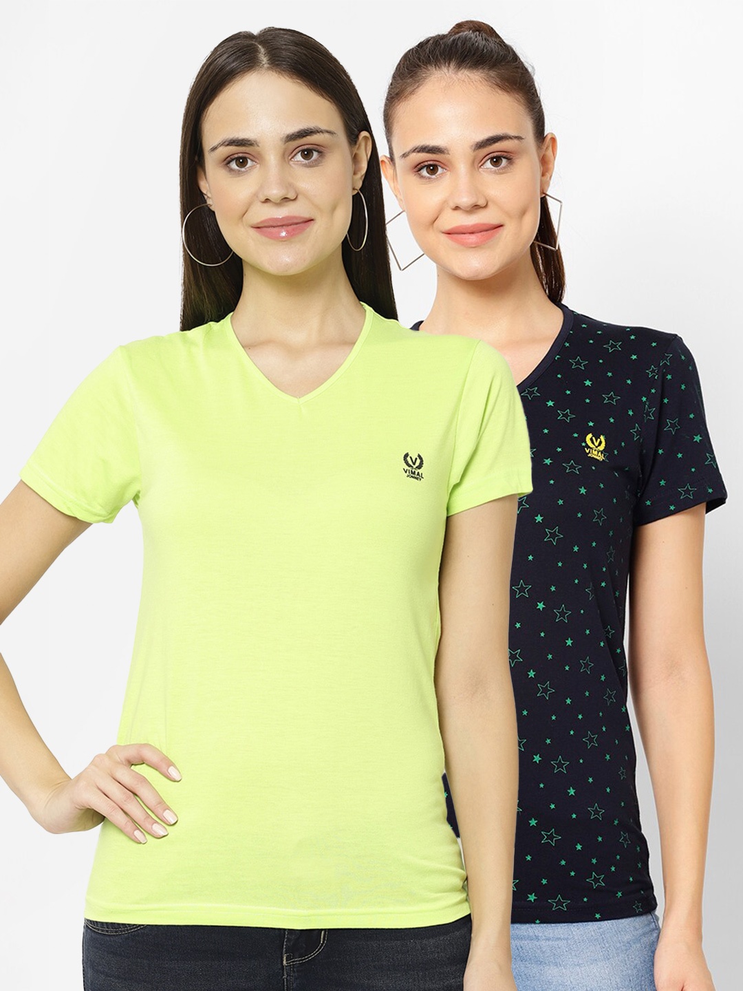 

VIMAL JONNEY Pack-2 Women Fluorescent Green & Black V-Neck T-shirt