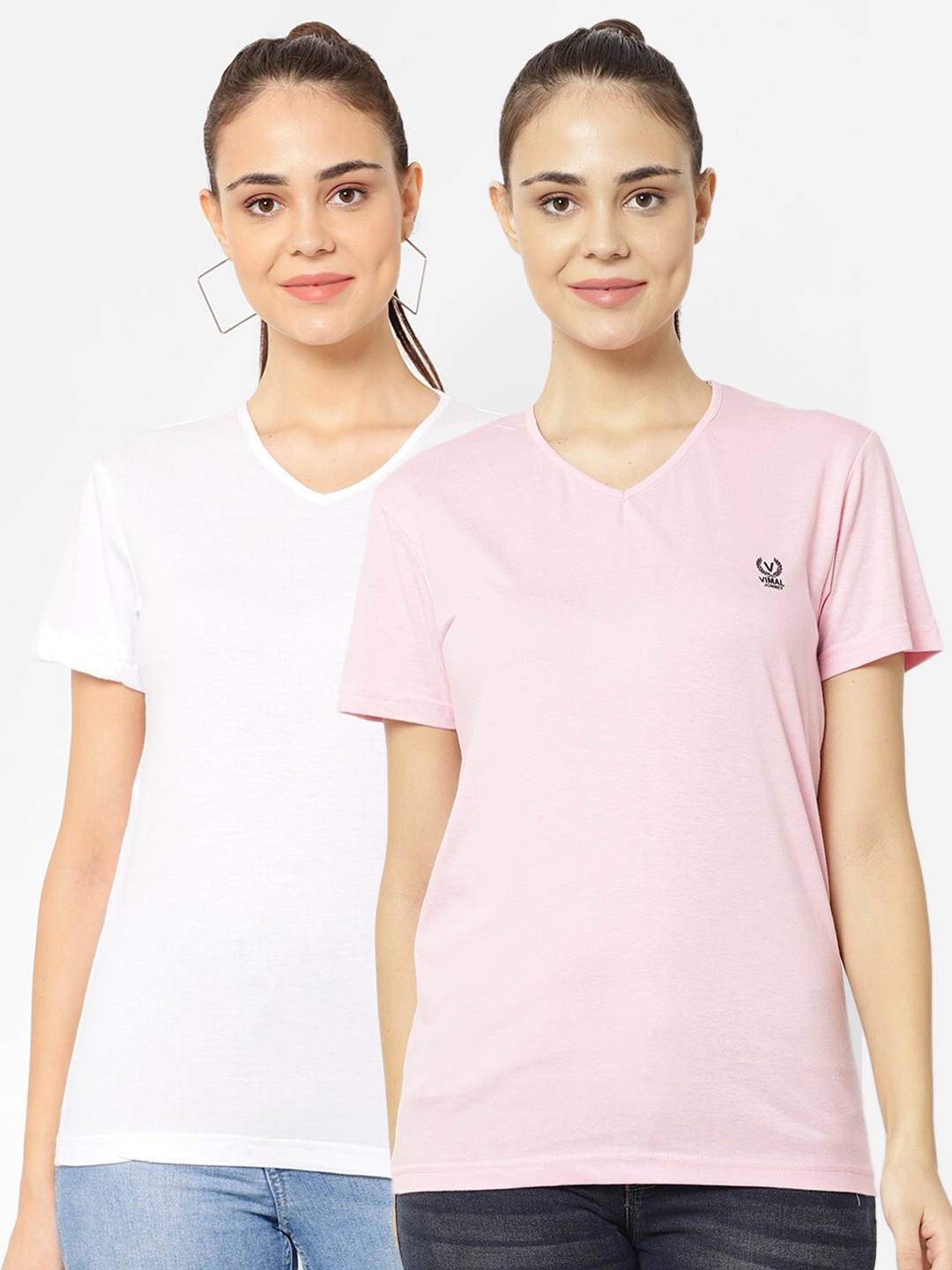 

VIMAL JONNEY Pack-2 Women Pink & White V-Neck T-shirt