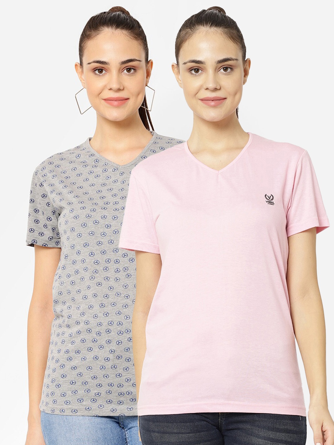 

VIMAL JONNEY Pack-2 Women Grey & Pink V-Neck T-shirt