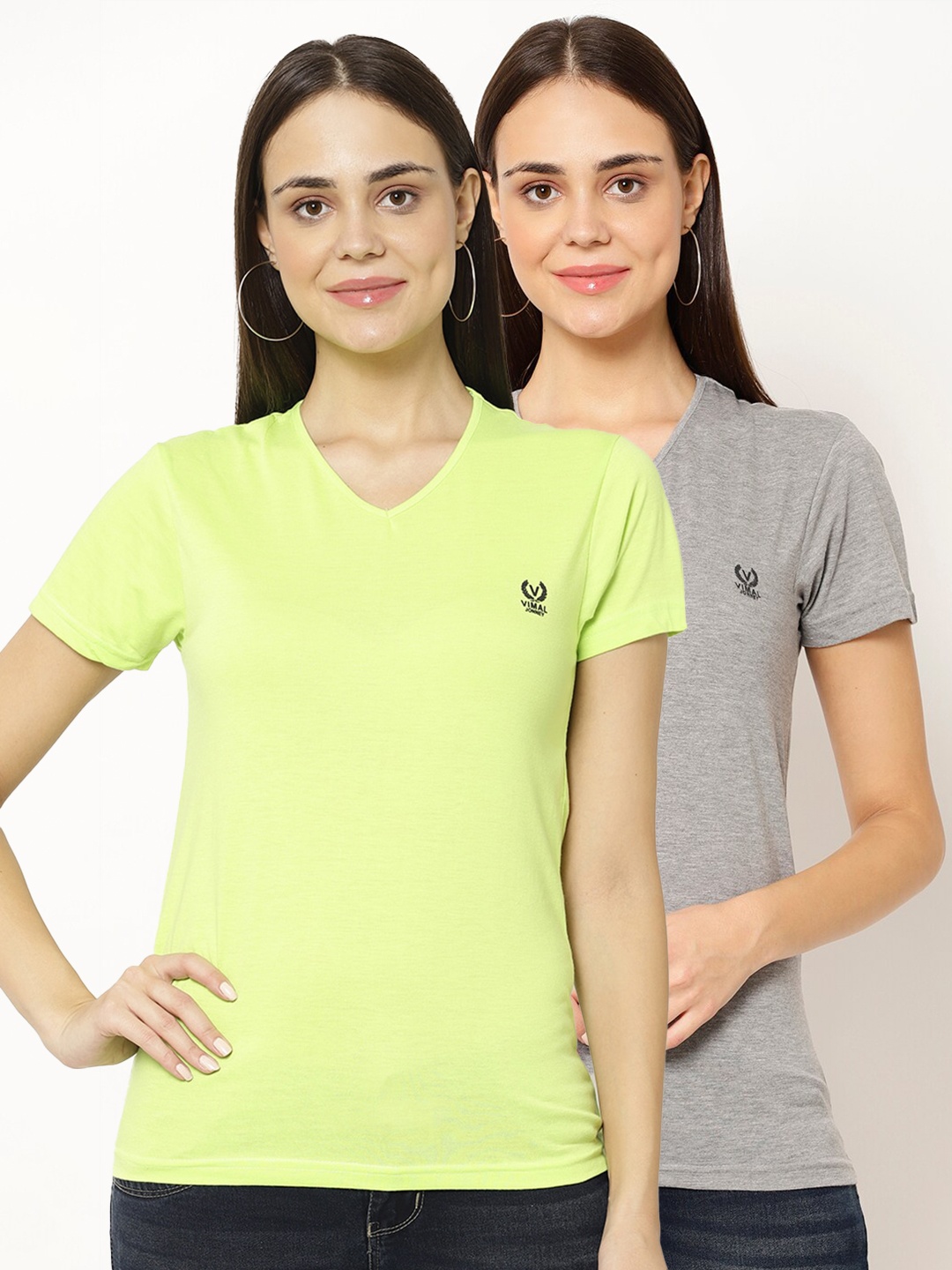 

VIMAL JONNEY Pack-2 Women Grey & Fluorescent Green V-Neck T-shirt