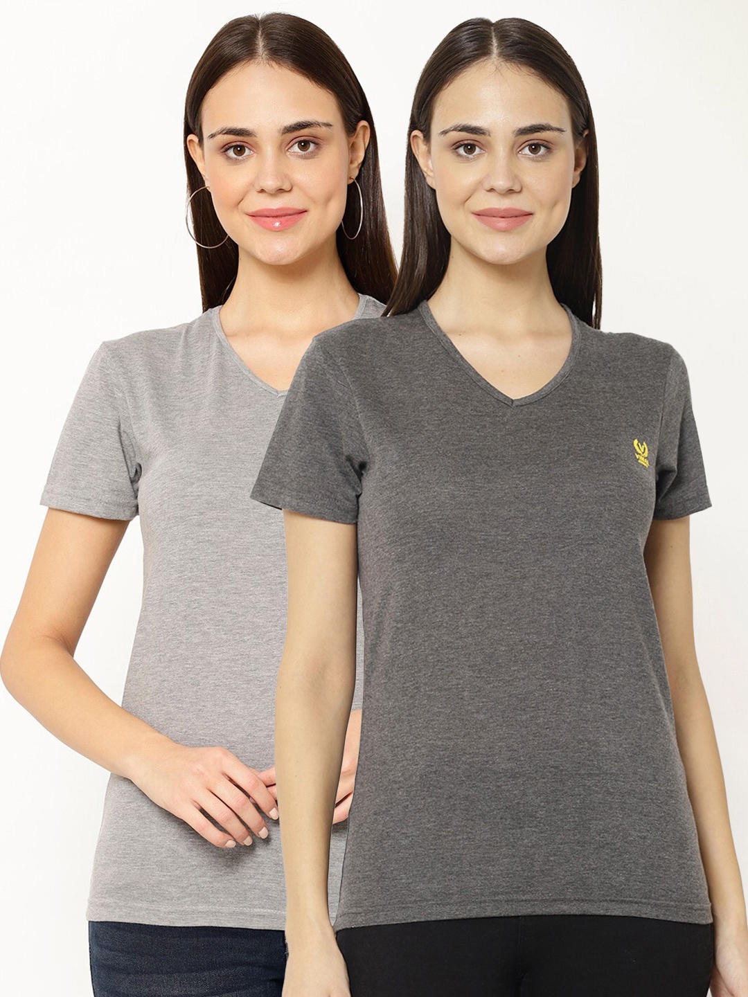 

MACK JONNEY Pack-2 Women Grey & Grey Melange V-Neck T-shirt