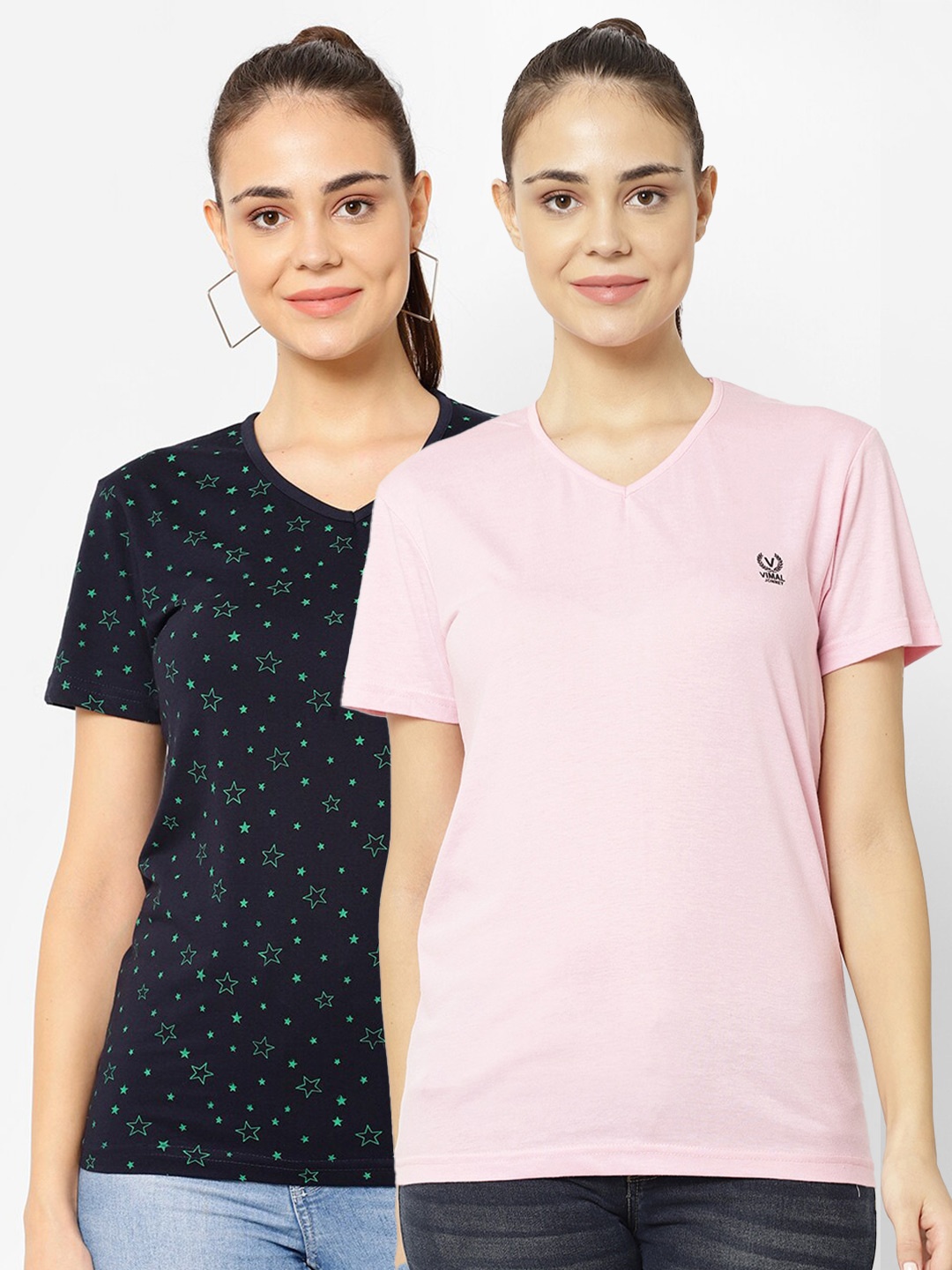 

VIMAL JONNEY Pack-2 Women Pink & Navy Blue V-Neck T-shirt