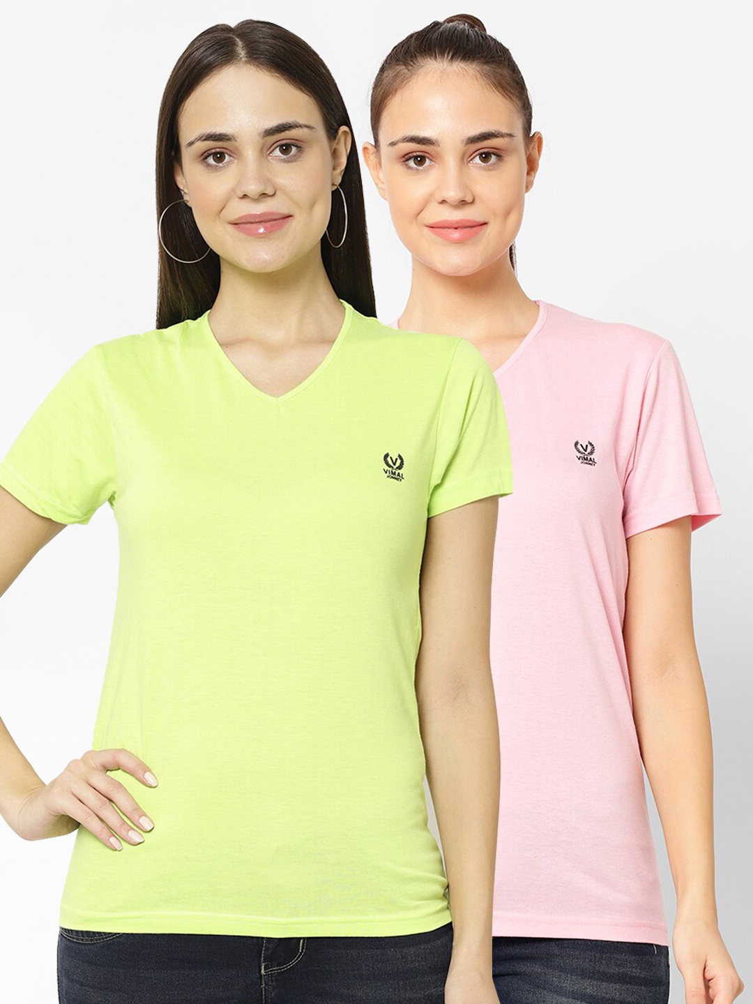 

VIMAL JONNEY Pack-2 Women Pink & Fluorescent Green V-Neck T-shirt