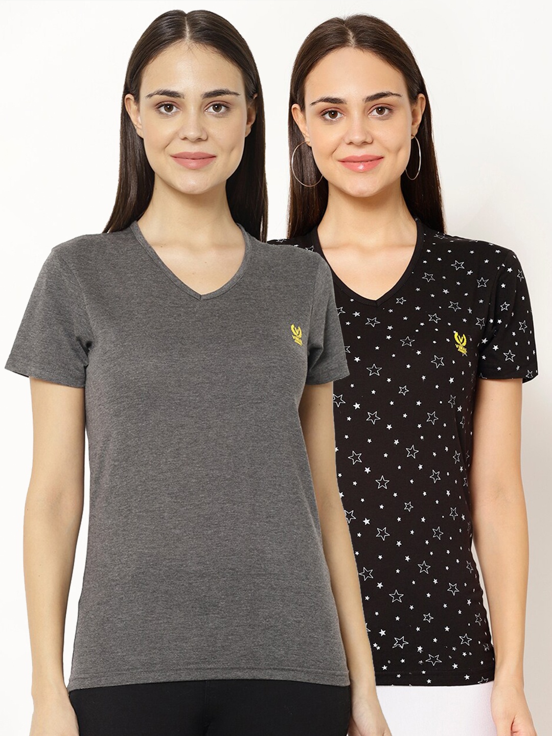 

VIMAL JONNEY Pack-2 Women Black & Grey V-Neck T-shirt