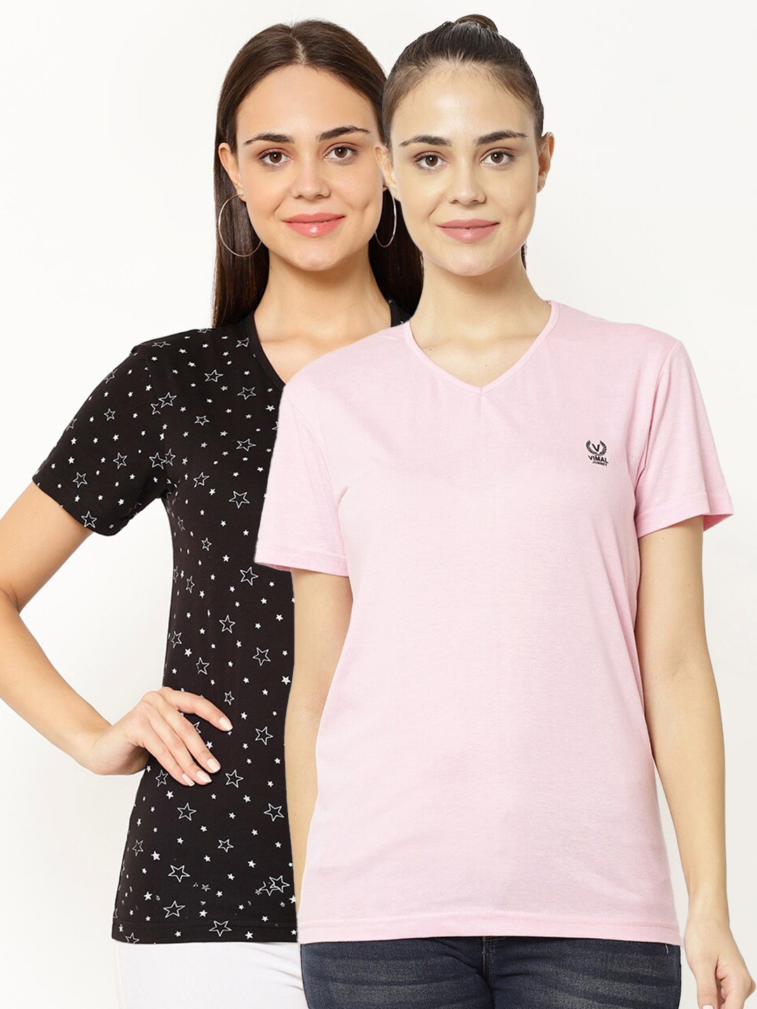 

VIMAL JONNEY Pack-2 Women Pink & Black V-Neck T-shirt