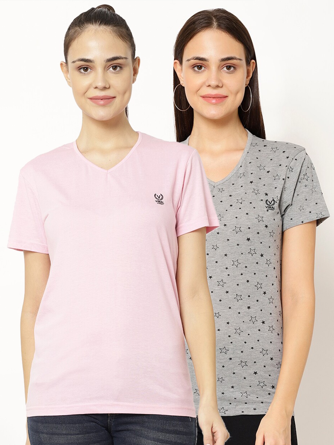 

VIMAL JONNEY Pack-2 Women Grey & Pink V-Neck T-shirt