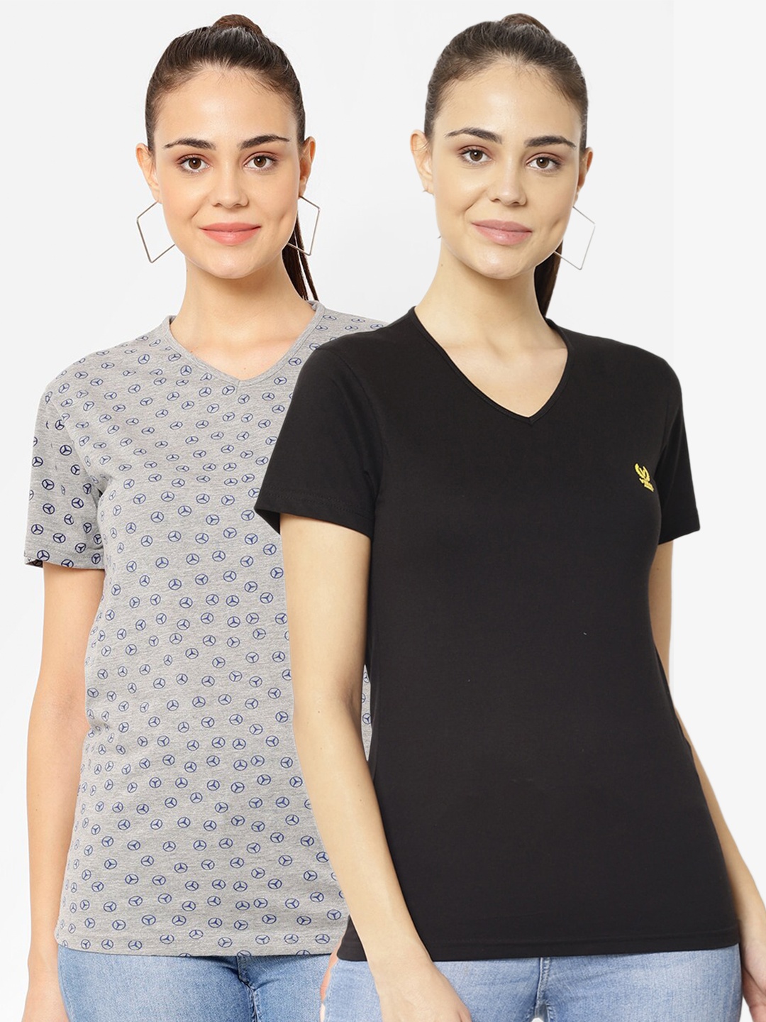 

VIMAL JONNEY Pack-2 Women Black& Grey V-Neck T-shirt